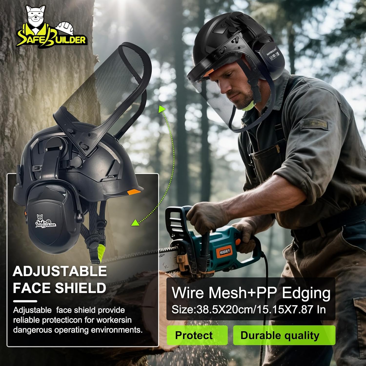 SAFEBUILDER CR99 Forestry Safety Helmet Class C Hard Hats 3 In1 Chainsaw Arborist Helmet with Mesh Face Shield Ear Muffs Hearing Protection ANSI Z89.1