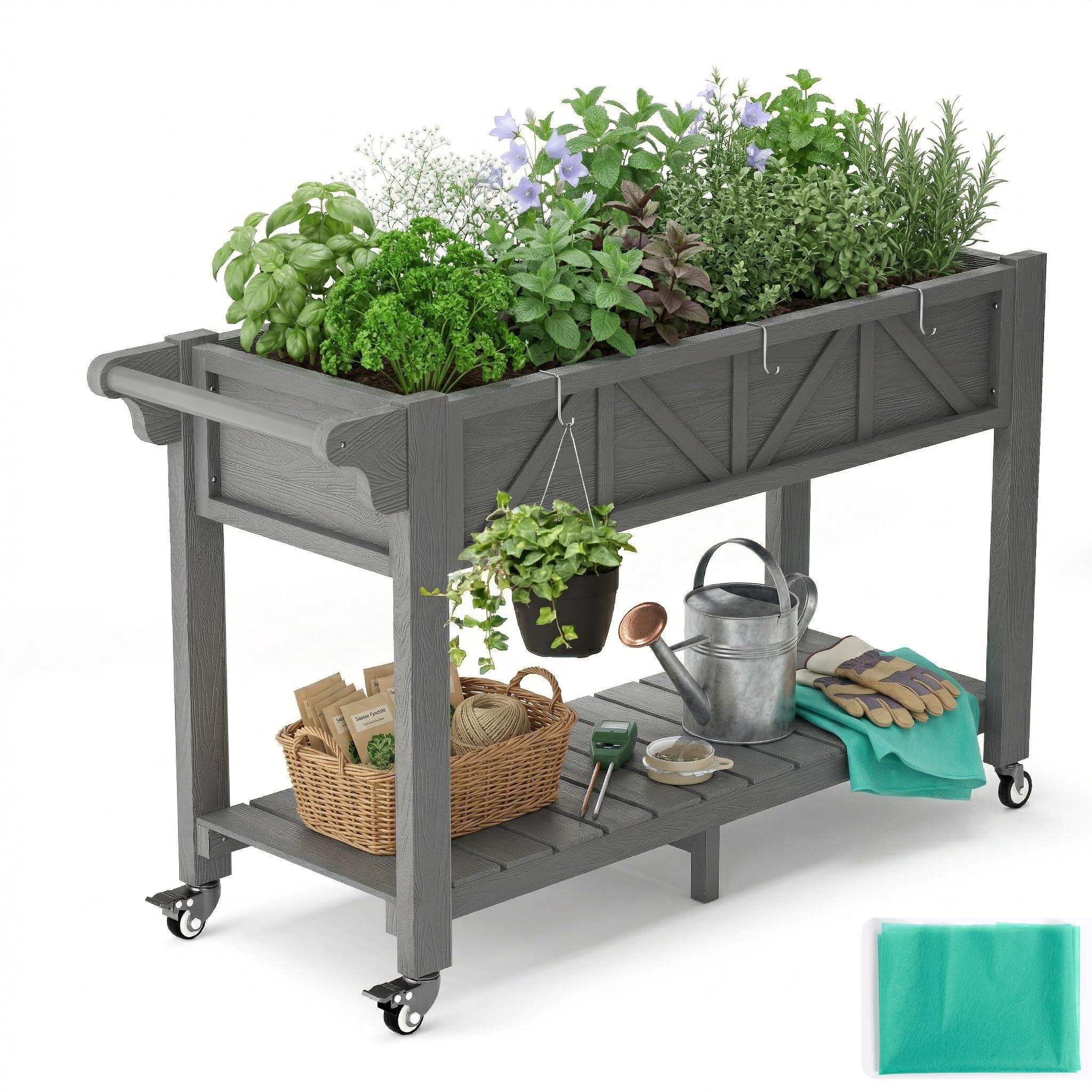 Hochbeet Balkon, WPC Pflanzkasten & Kräuterbeet mit Stauraum und Rollen, freistehender Pflanzkübel mit Folie, Wetterfest Pflanzbeet Blumenbeet für Gemüse Kräuter Blumen - Garten, Balkon und Terrasse