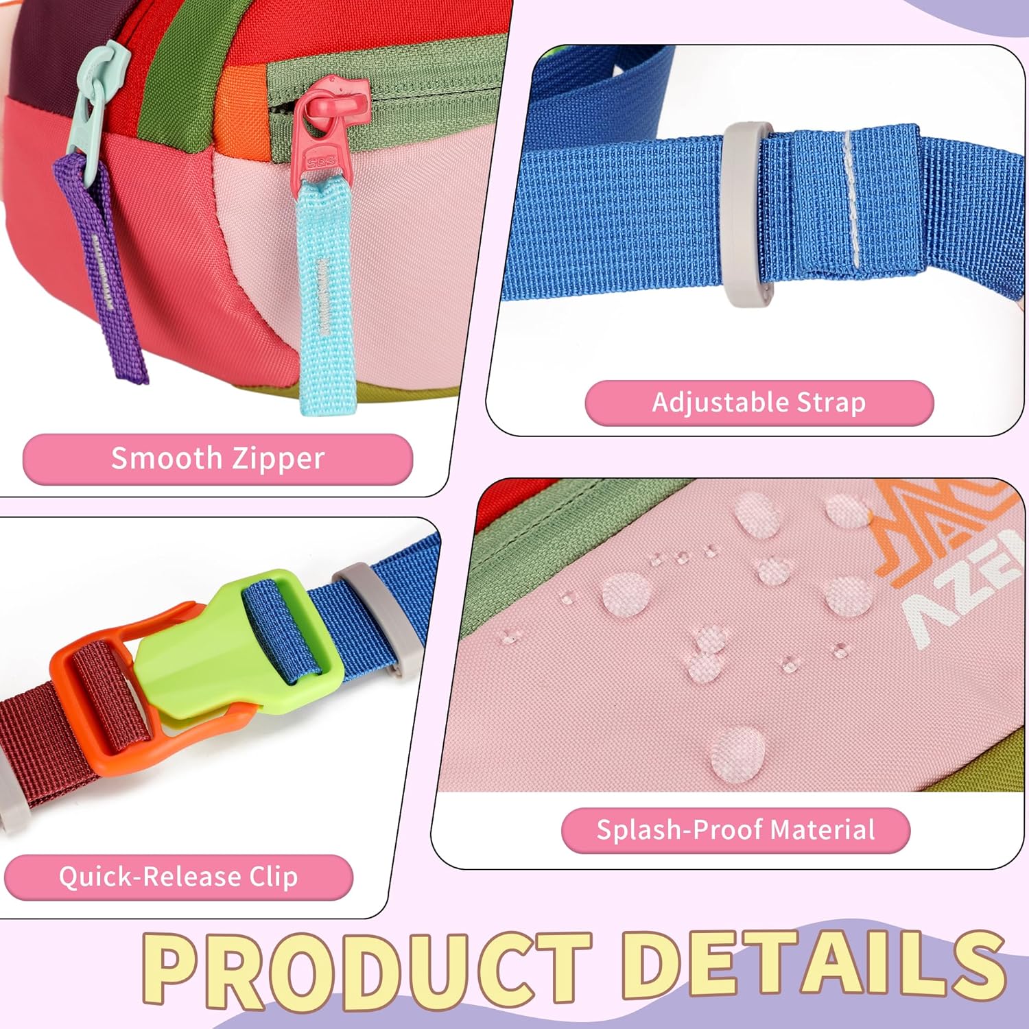 Retro Fanny Pack for Women Men Hiking Waist Packs 2 Pockets Color-blocking Belt Bags for Festival 80s 90s Theme Party Running Traveling (Purple) - Image 5