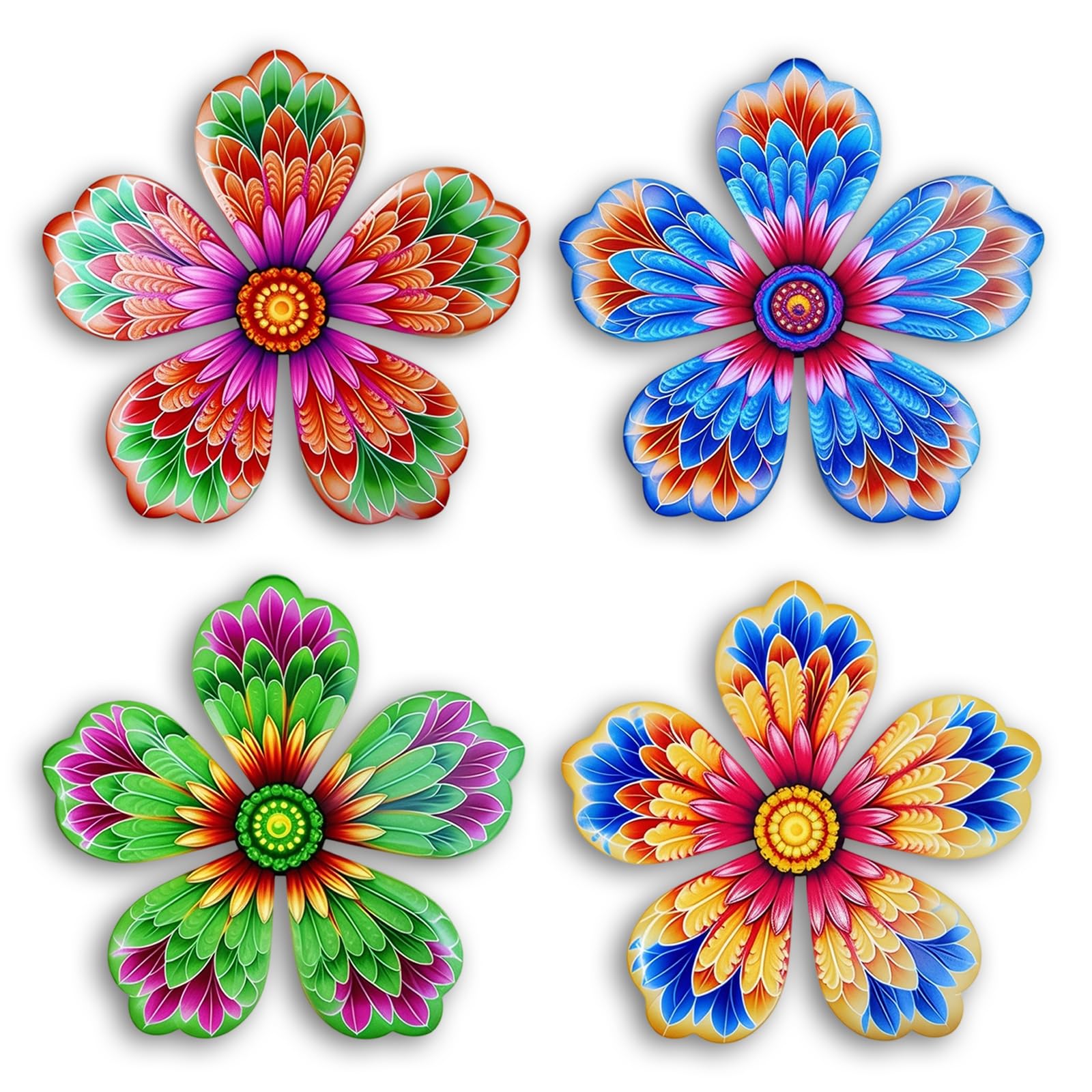 Komergave 4 Pcs Metal Flower Wall Decorations, Garden Wall Art Flower Wall Panel, Metal Artwork For Wall, Colorful Wrought Iron Decor, Hanging Wall Ornaments For Garden, Yard, Facade, Patio