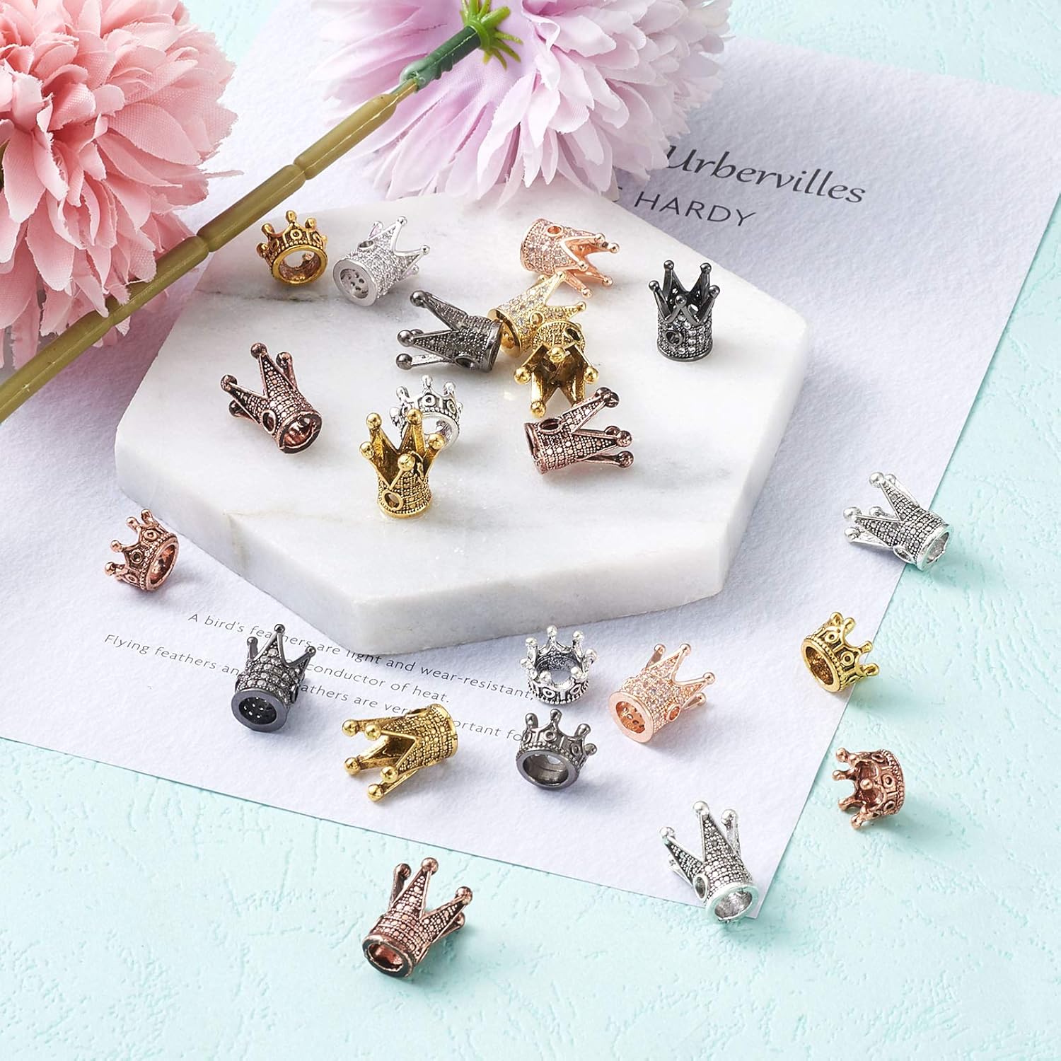 Beadthoven 88pcs 3 Styles King Crown Charm Beads 4 Colors Micro Pave Cubic Zirconia Queen Crown Bracelet Connector Charm Spacer CZ Stone Beads for DIY Jewelry Making