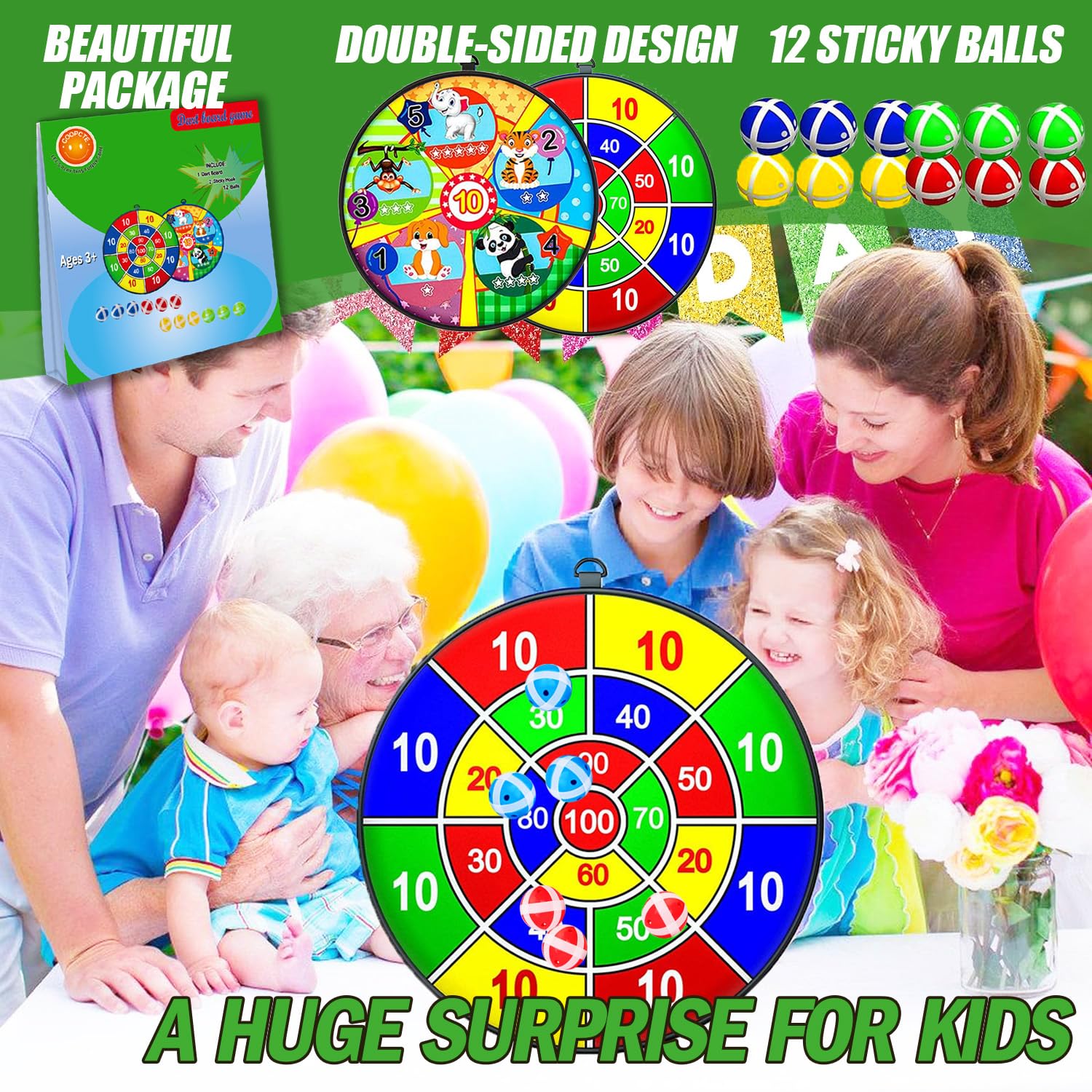 Jeu De Fléchettes Enfant Double Face 26 Pouces - 12 Balles Collantes, 12 Fléchettes, Pliable, Intérieur/extérieur - 12