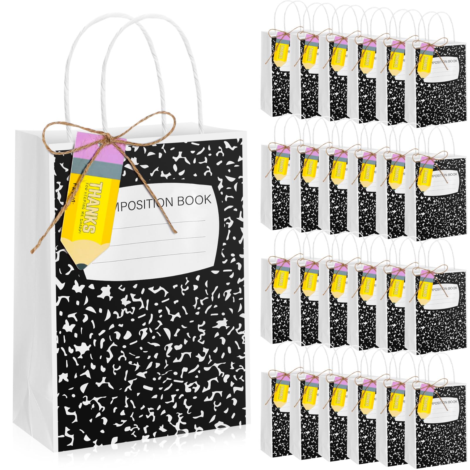 24 Pcs Back to School Gift Bags Composition Notebook Teacher Gift Bags Bulk | Paper Thank You Teacher Bags, Teacher Appreciation Christmas End of Year