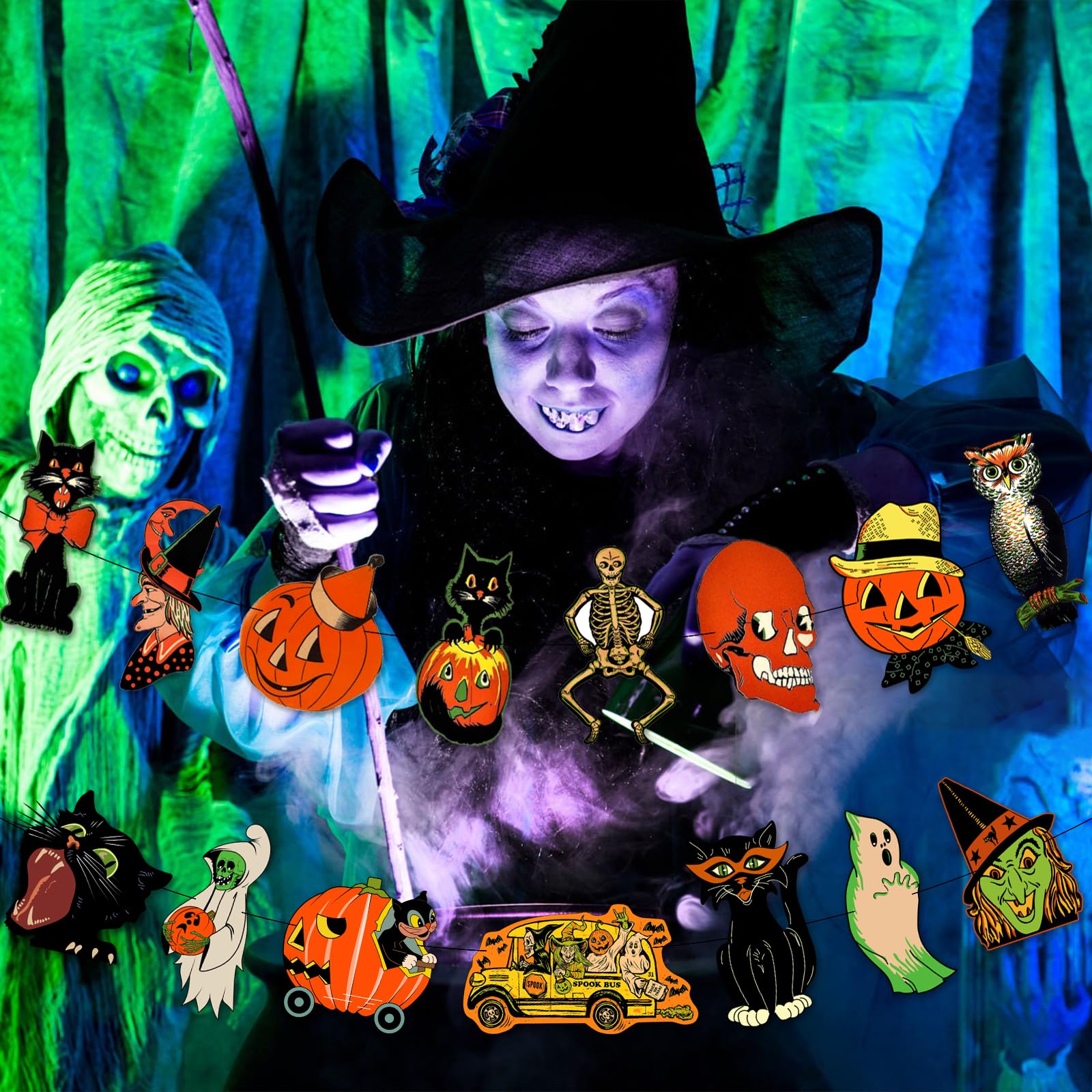 Retro Halloween Banner Mit 10 Motiven – Vintage Wimpelkette Mit Geist, Hexe, Eule Für Party-Deko