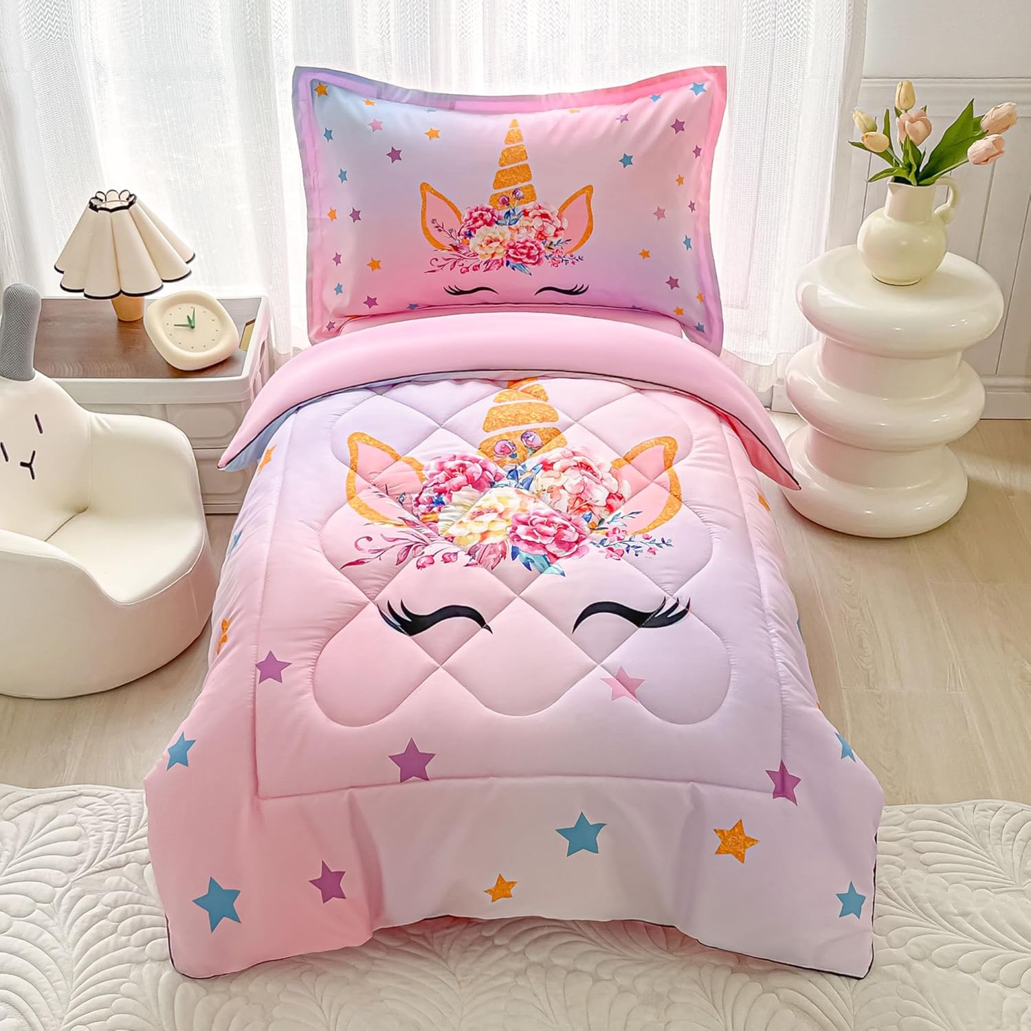 toddler bedding set for girls 4 piece pink unicorn stars toddler comforter sets for baby kids bed-in-a-bag quilt crib toddler bed sheet set with quilted comforter, flat sheet, fitted sheet, pillowcase