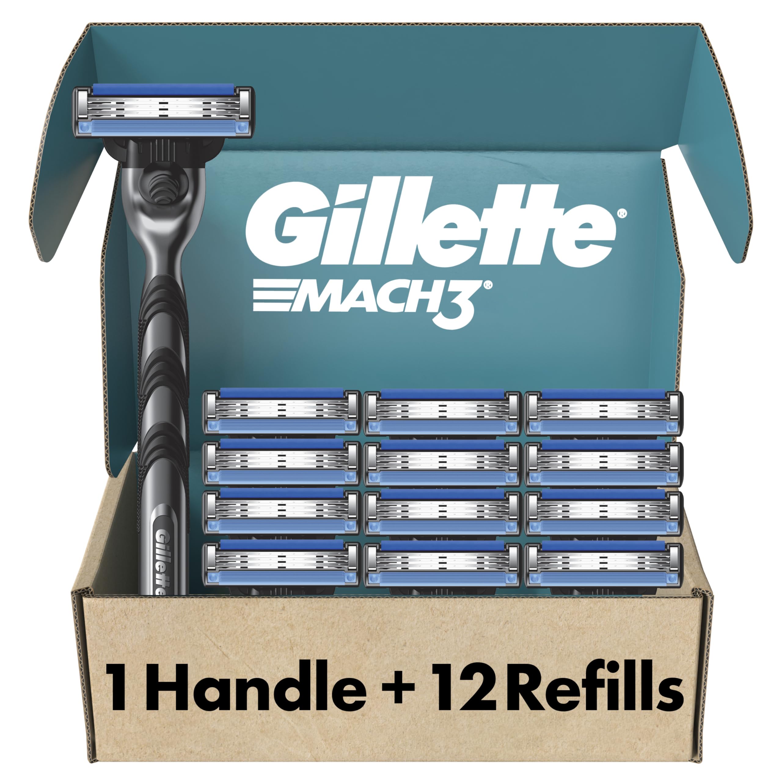 Gillette Mach3 Shaving 3-Blade Razor for Men with Lubrication Strip, 1 Handle + 12 Refills