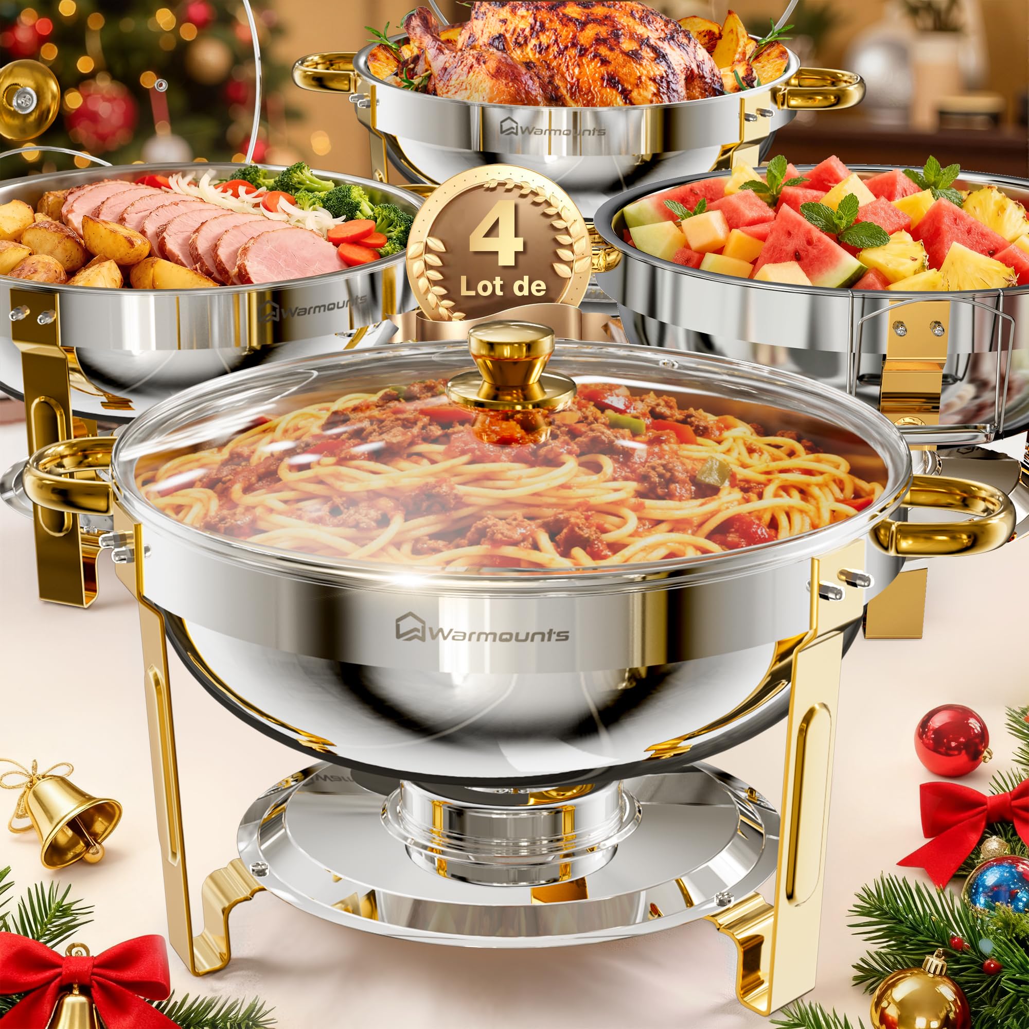 WARMOUNTS Lot de 4 Chafing Dish Argent & Doré 5 L, Réchaud à Buffet avec Couvercle en Verre, Buffets Chauffants en Acier Inoxydable Idéal pour Fêtes, Événements, Mariages, Dîners, Noël et Camping