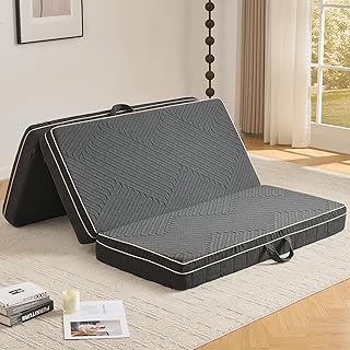 OIGAE Klappmatratze 140x195x15 cm, 3-teilige Faltmatratze mit Memory-Schaum & Stützschaum, Faltbare Bodenmatratze für Zuhause, Reise & Camping, waschbarer Bezug, Tragegriffe, Dunkelgrau