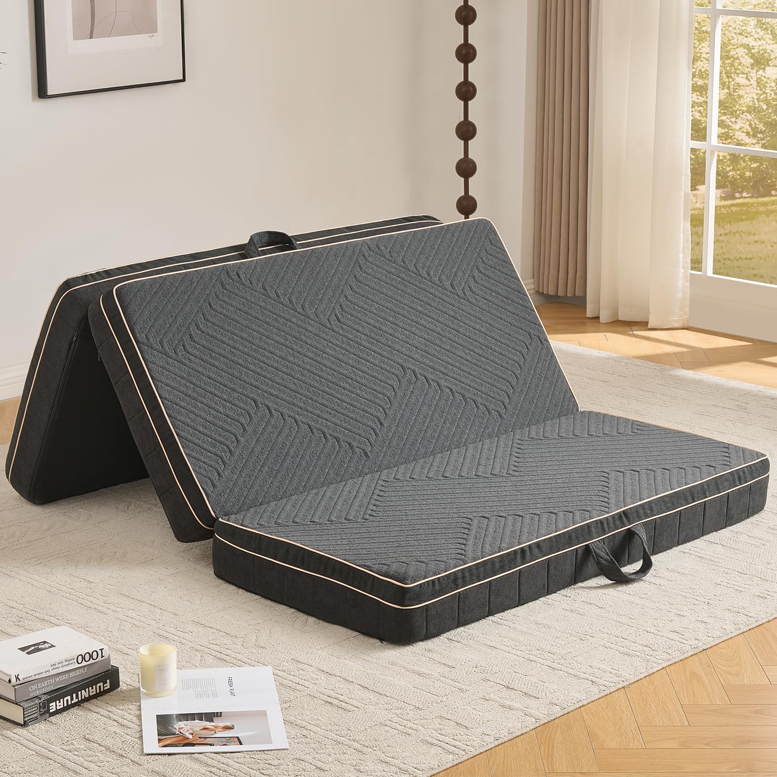 OIGAE Folding Mattress 140x195x15cm, Tri Fold Memory Foam Mattress with 3-Layer Foam, Foldable Floor Mattress for Home, Travel & Camping, Washable Cover, Handles, Anti-Slip Base, Dark Grey
