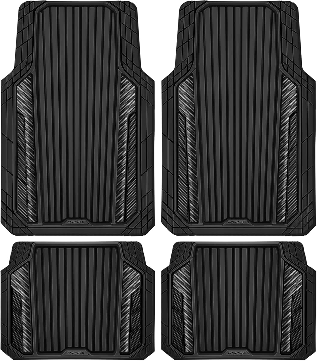 Heavy Duty Rubber Car Mats Metallic,Aluminum Film All Weather Floor Mats Waterproof Universal Trim to Fit SUVs Sedans Vans 4 Piece Anodized Deep Dish Two-Tone Sporty Carbon Fiber Black Chrome