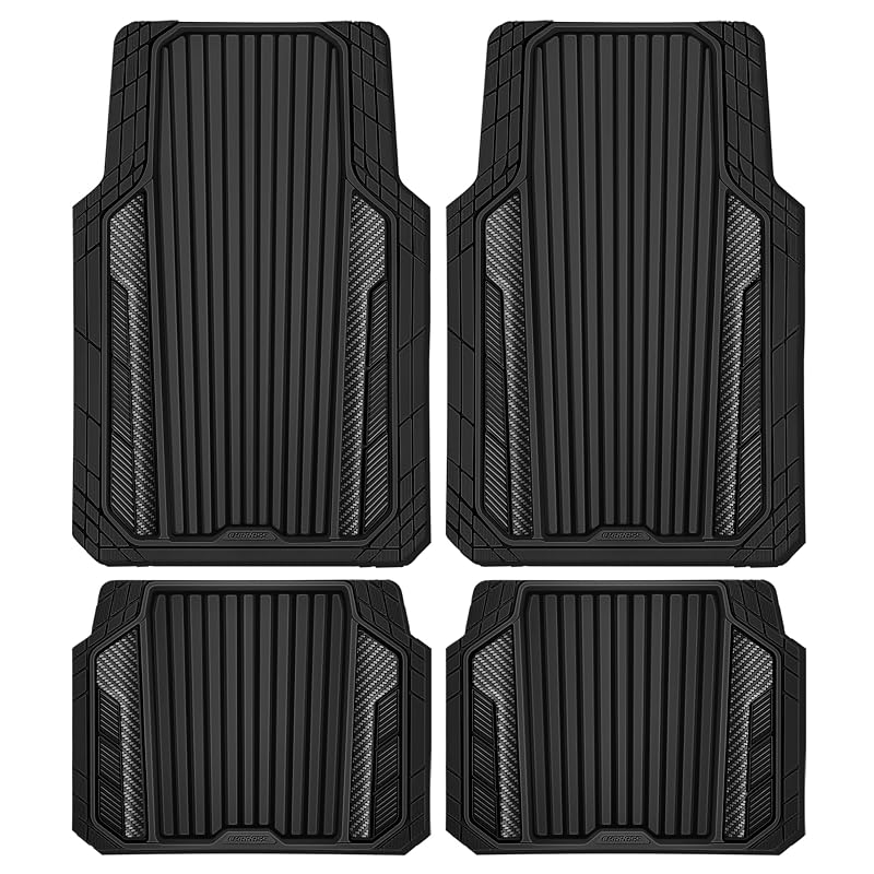 Tapetes Automotivos de Borracha CAR PASS com Filme de Alumínio, Tipo Bandeja e Recortáveis, Preto com Fibra de Carbono, Kit com 4 Peças