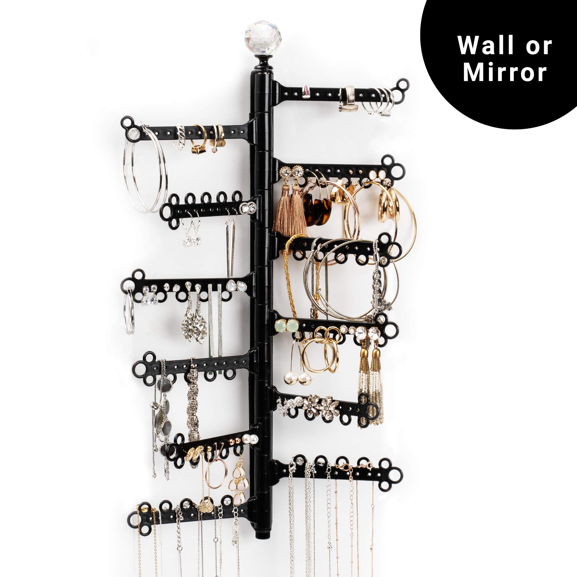 AllHungUp 12-Tier Wall Jewelry Organizer Wall Mounted Jewelry Organizer Necklace Holder Wall Mount Hanging Necklace Organizer Jewelry Hanger Wall Mounted Earring Holder Display Earring Organizer Black