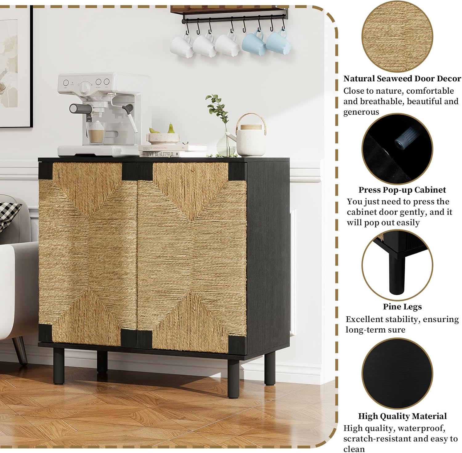 Small Accent Cabinet with Doors - Sideboard Buffet Cabinet with Storage, Coffee Bar/Media/TVCabinet with 2 Door, 31.5" Boho Wood Credenzas for Living Room, Hallway, Kitchen, Beacon & Black