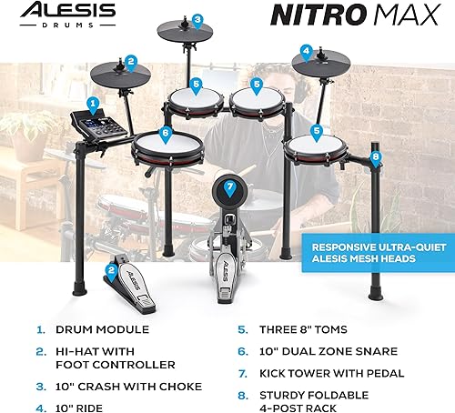 Miniatura 4 de Alesis Nitro Max Kit - Juego de batería eléctrica con almohadillas de malla silenciosas, caja de doble zona de 10 pulgadas, Bluetooth, más de 440