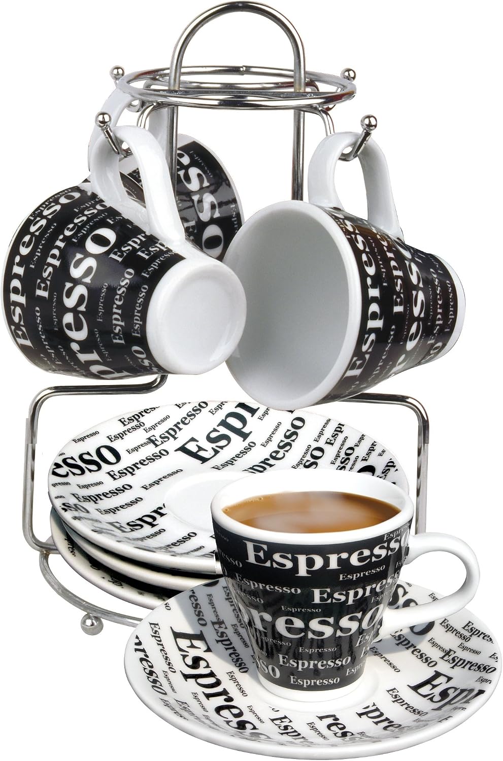 Bene Casa - Ceramic 9 Piece Espresso Set Including Metal Stand - 4 Espresso Cups (3oz) and 4 Saucers - Stain Resistant Glaze