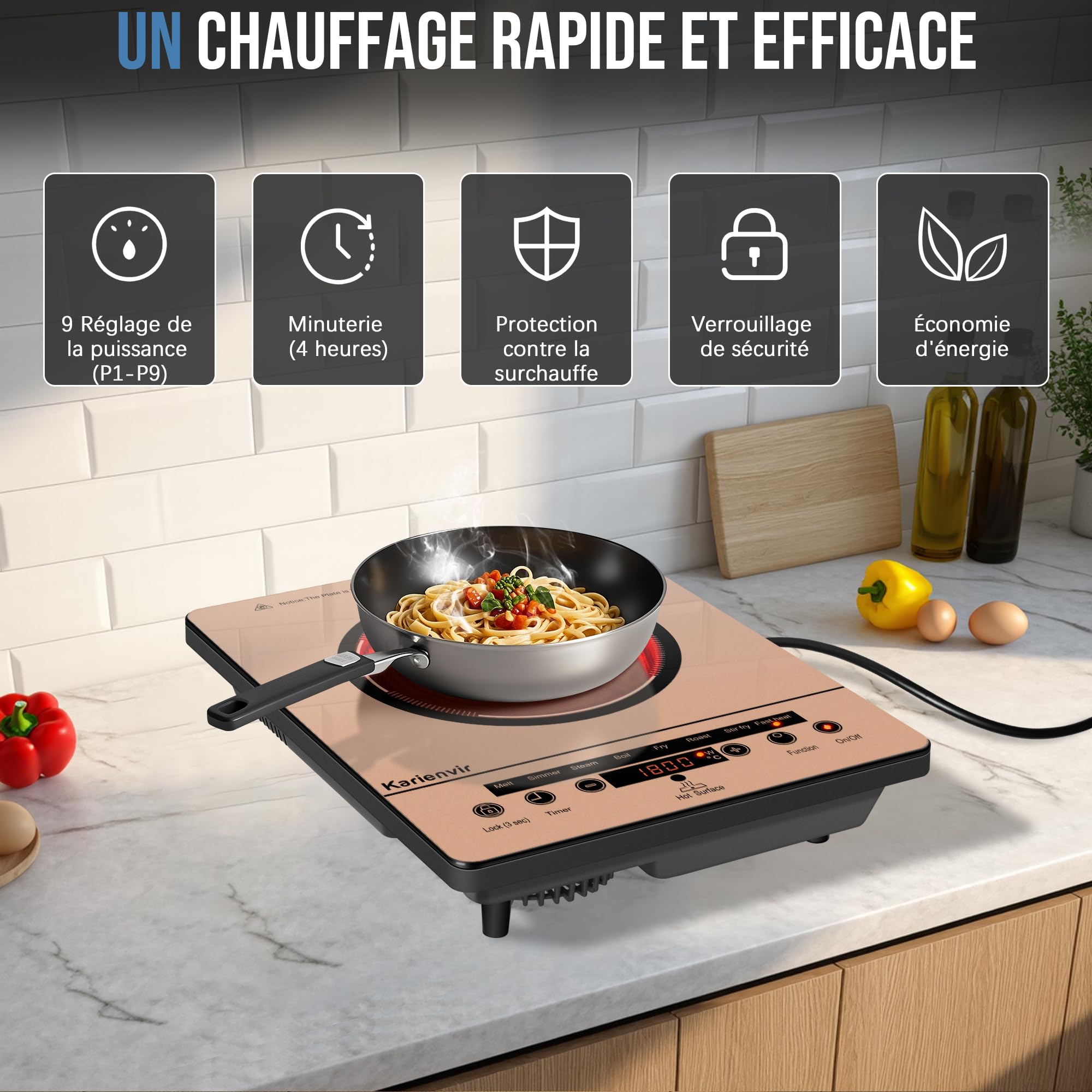 Portable Ceramic Hob 1 Burner with Plug, 2000 Watts | Safety Lock, Timer, 9 Power Levels, 8 Cooking Functions, Ideal for Garden, Camping
