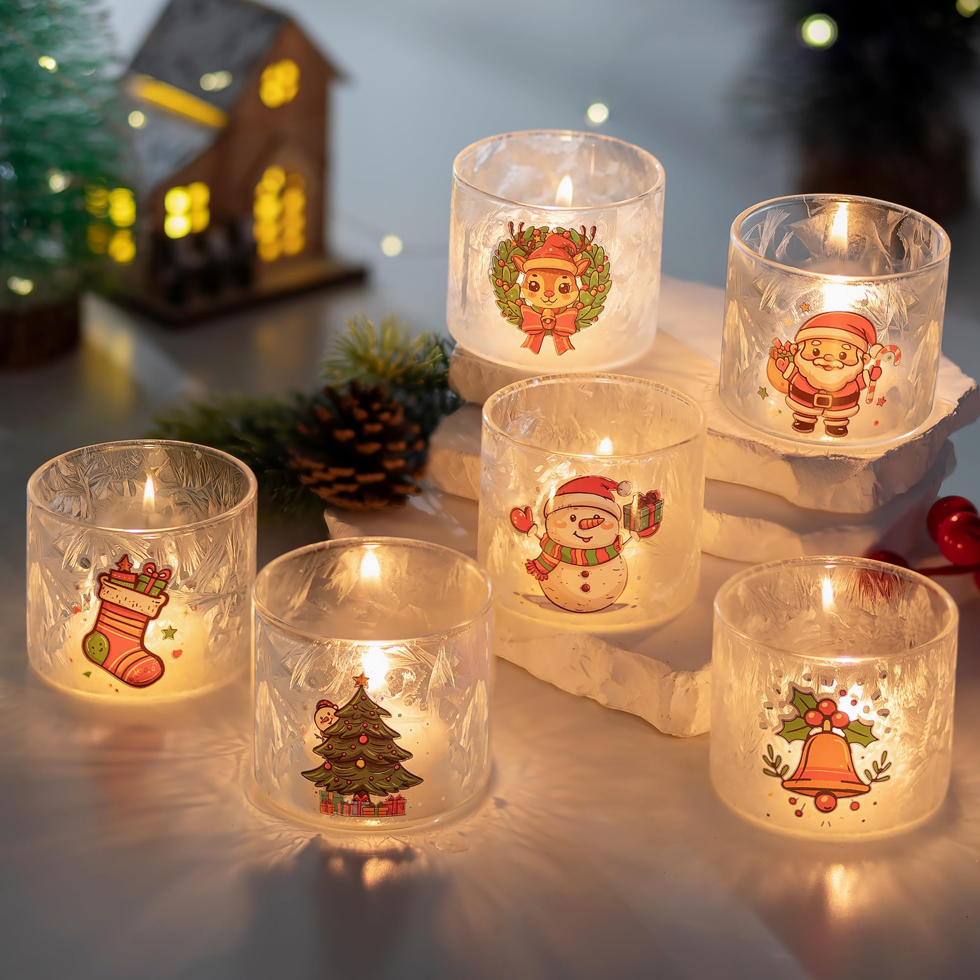Glasseam Christmas Tealight Candle Holder: Glass Votive Candle Holders Set of 6 Decorative Tea Lights Candle Holder for Jar Candles Cute Small Candle Holders for Table Centerpiece Party Home DecorGift