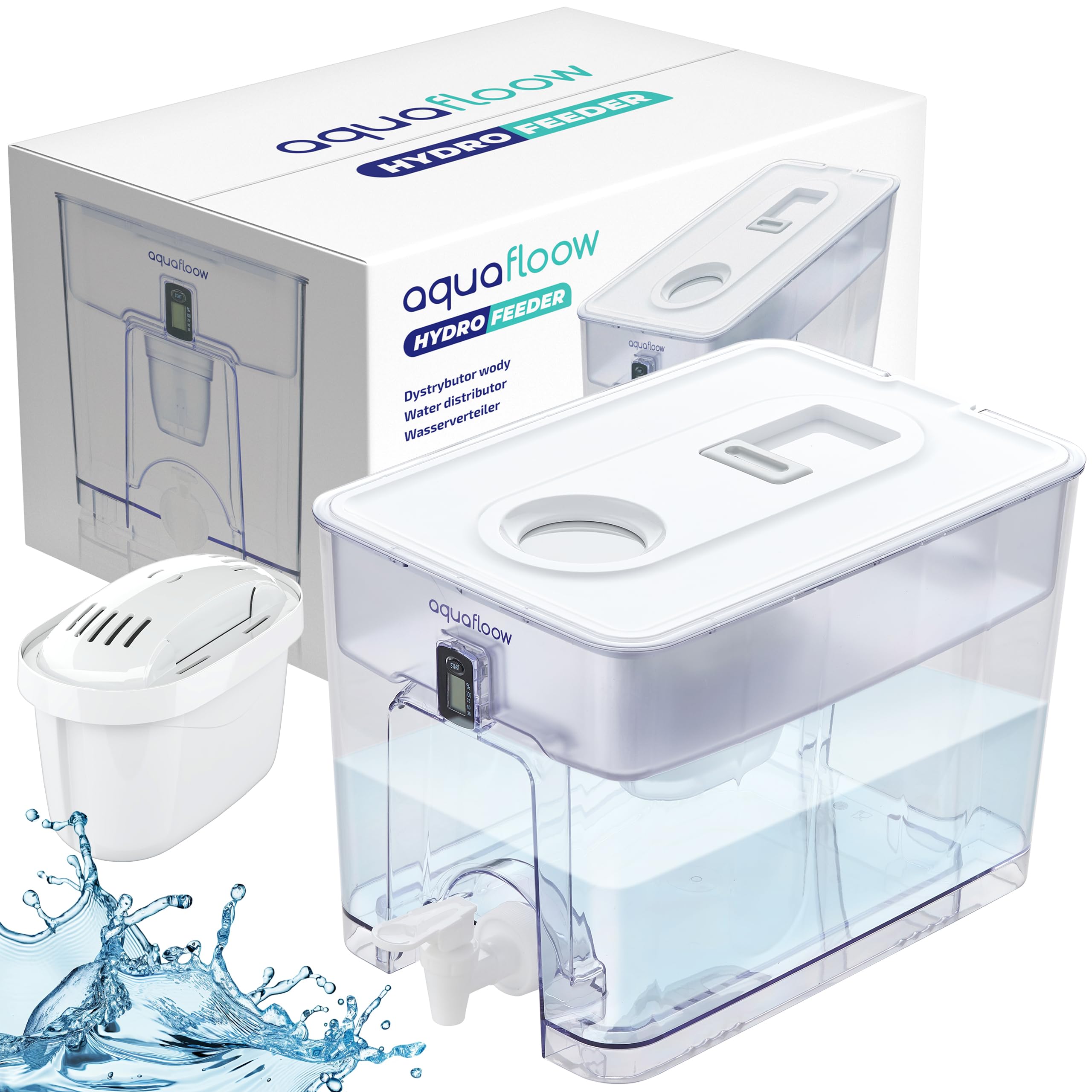 Aquafloow Carafe Filtrante 9,5L avec Robinet et Filtre, Distributeur d'Eau Tout-en-Un pour Réduction du Tartre, Chlore, Plomb et Cuivre dans l'Eau Potable – Idéal pour la Maison et le Bureau