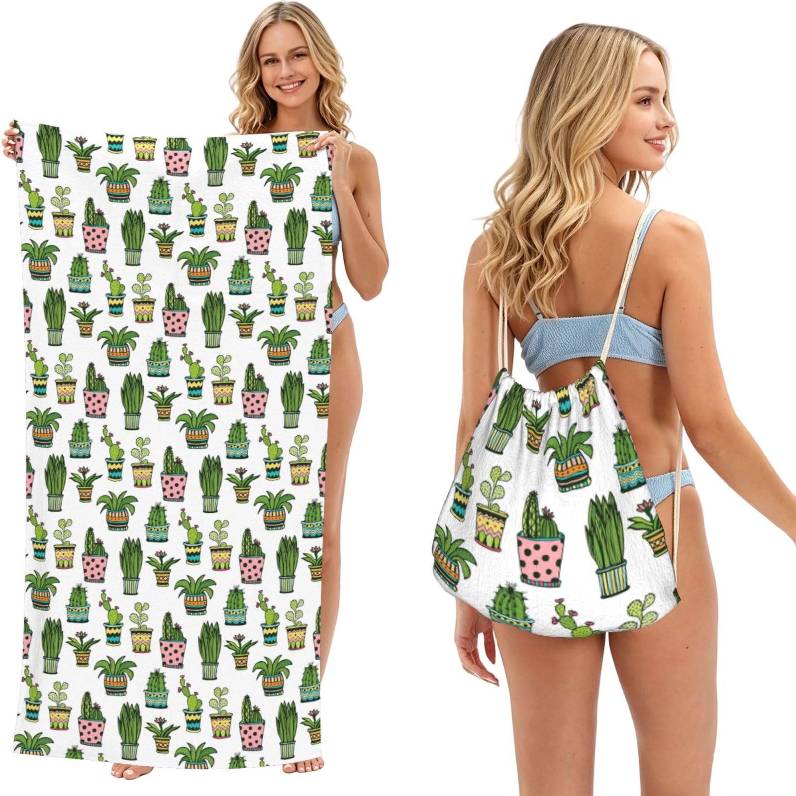 Poadnly As Picture Colorful Pretty Succulent, 2 In 1 Packable Towel Bag, Beach Towels With Drawstring Backpack For Travel Holiday Camping