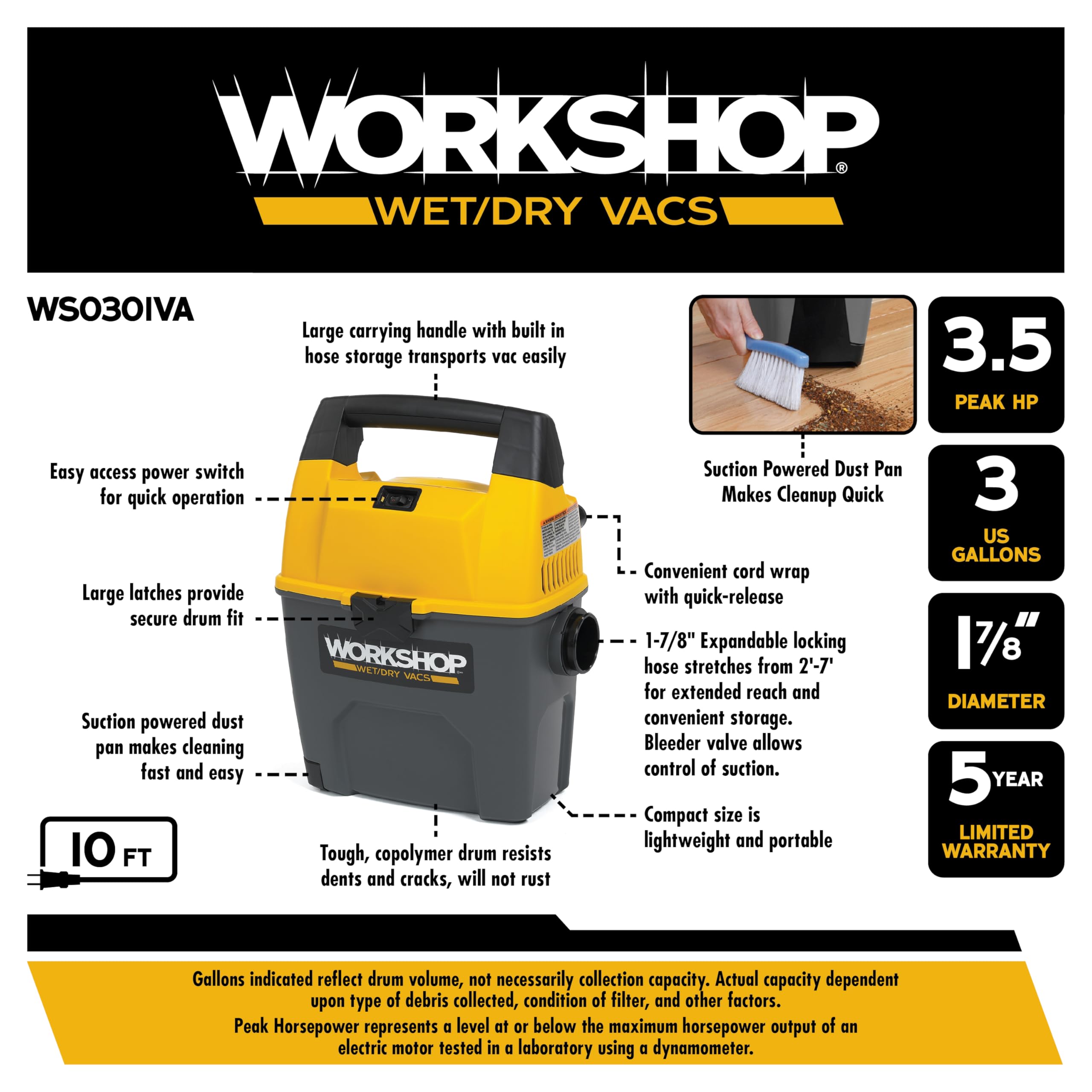 Taller húmedo/seco Vacs ws0300va tienda portátil en seco mojado aspiradora para Auto, garaje y en casa, 3-Gallon, 3,5 pico HP