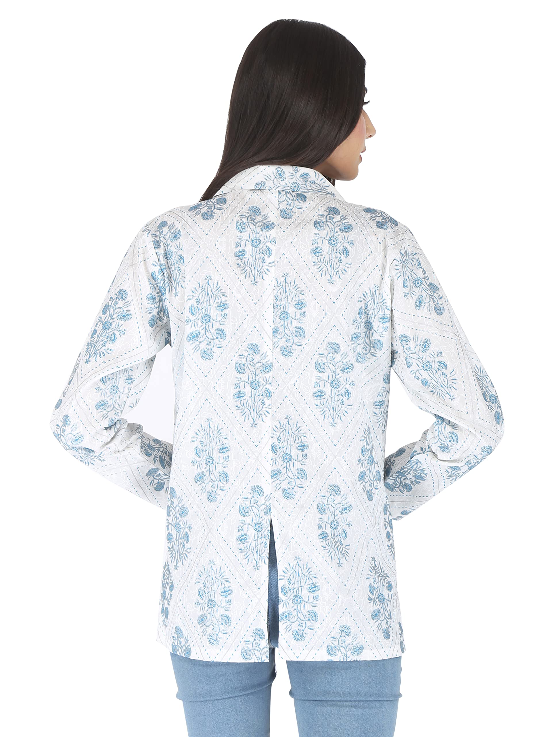 CHARVI Women Cotton Standard Length Floral Printed Summer Coat|Helps to Protect From Sunrays,Dust Pollution,Sunburn,Tanning of Skin|Ideal for Driving,Hot Summers,Traveling- (BHC27_44_White & Blue) - Image 3 thumbnail