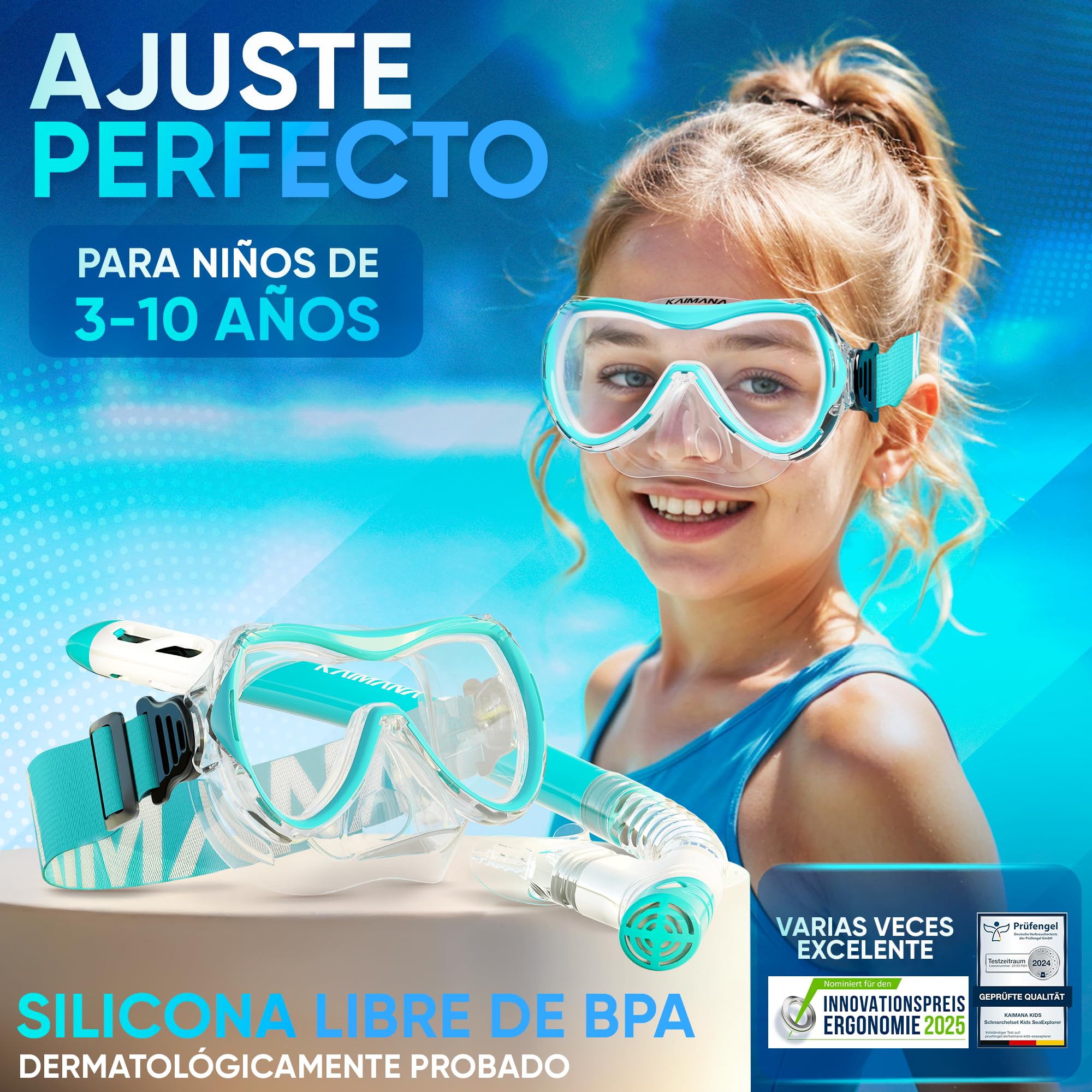 KAIMANA® SeaExplorer Gafas Snorkel Niño y Tubo + Bolsa – Set Snorkel Niño 3-10 Años – Gafas de Buceo con Tubo y Cinta Textil – Gafas de Bucear con Nariz y Máscara Buceo Niño 4 años