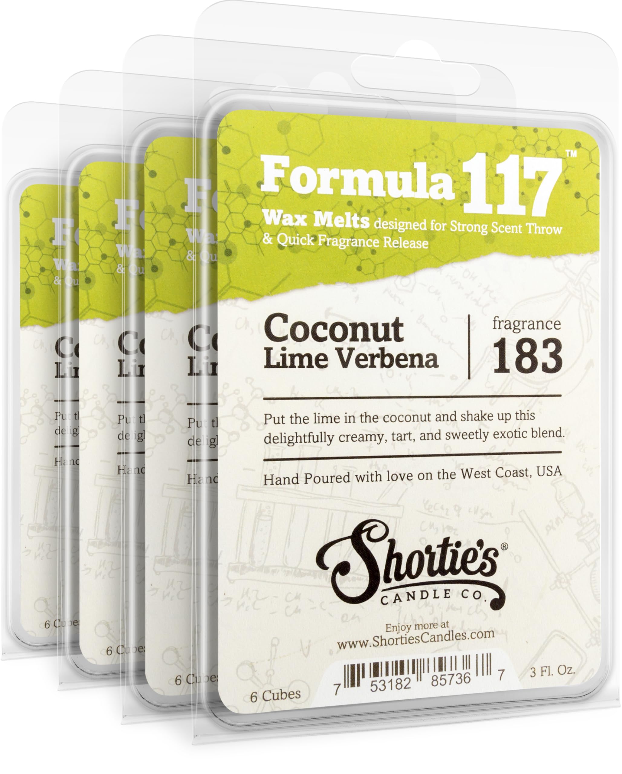Shortie's Candle Company Coconut Lime Verbena Wax Melts Bulk Pack - Formula 117-4 Highly Scented 3 Oz. Bars (12 Oz. Total) - Made with Natural Oils -
