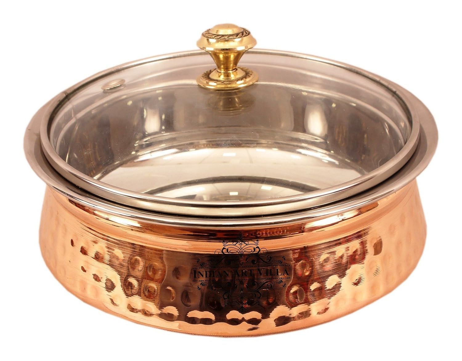 INDIAN ART VILLA Steel Copper Serving Handi with Glass Lid, Serving Dishes Chicken Briyani Vegetables Home Hotel Restaurant Tableware, Volume – 800 ML (Pack of 1) INDIAN ART VILLA Steel Copper Serving Handi with Glass Lid, Serving Dishes Chicken Briyani Vegetables Home Hotel Restaurant Tableware, Volume – 800 ML (Pack of 1)