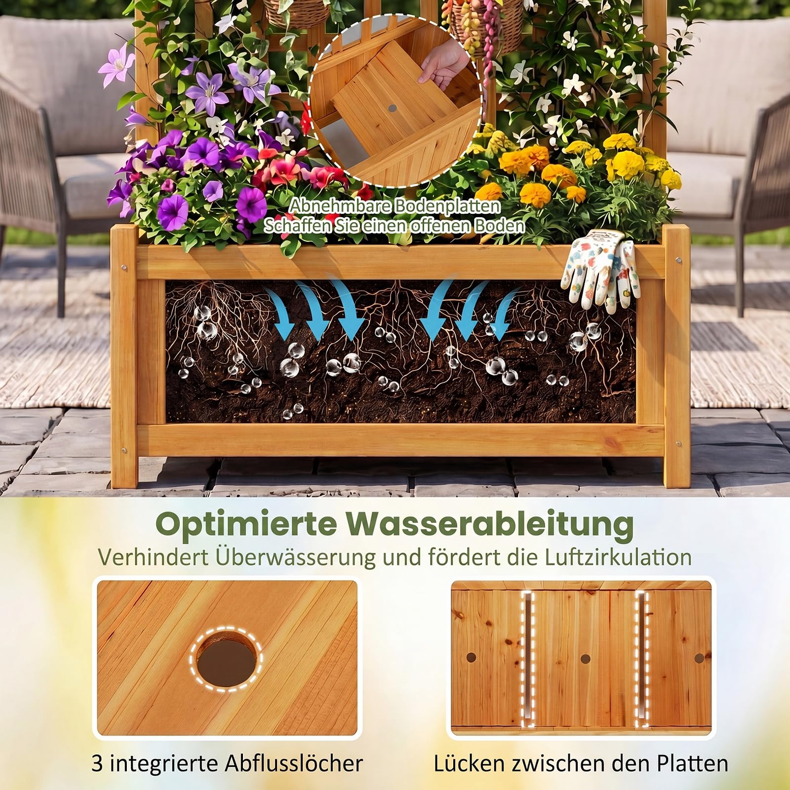 COSTWAY Blumenkasten mit Rankgitter, Pflanzkasten Tannenholz, Pflanzkübel mit Sichtschutz, Hochbeet mit Spalier & Drainagelöchern, Rankhilfe für Kletterpflanzen Garten, 76 x 32 x 143 cm (Orange)