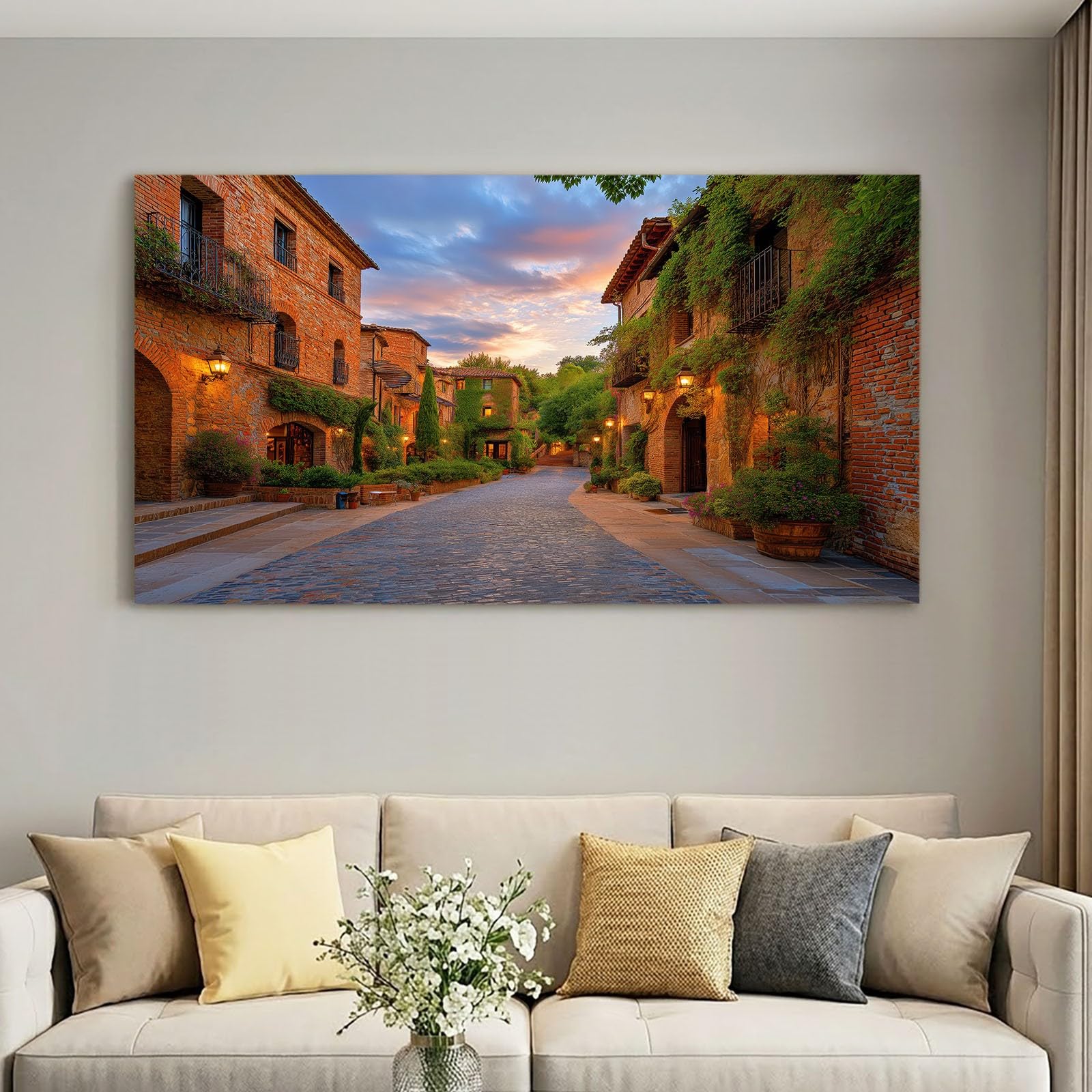 Générique Stampa su tela con cornice in stile country – Quadro dipinto 100 x 70 cm marrone città vicolo casa – Quadro poster decorazione da parete per soggiorno, camera da letto, bagno e ufficio