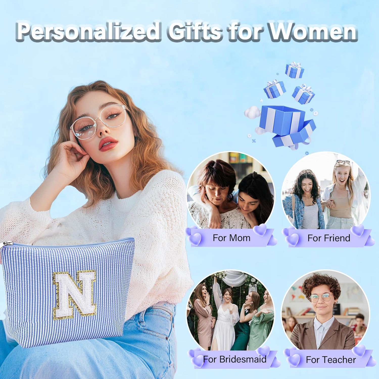 Initial Gifts Travel Cosmetic Makeup Pouch Bags Sets for Purse, 3pcs Stoney Clover Dupes Pouch Makeup Bag, Personalized Cosmetic Bags Set for Women, Make up Bag for Teen Girls 13 14 15 16 17 (P, Blue) - Image 5