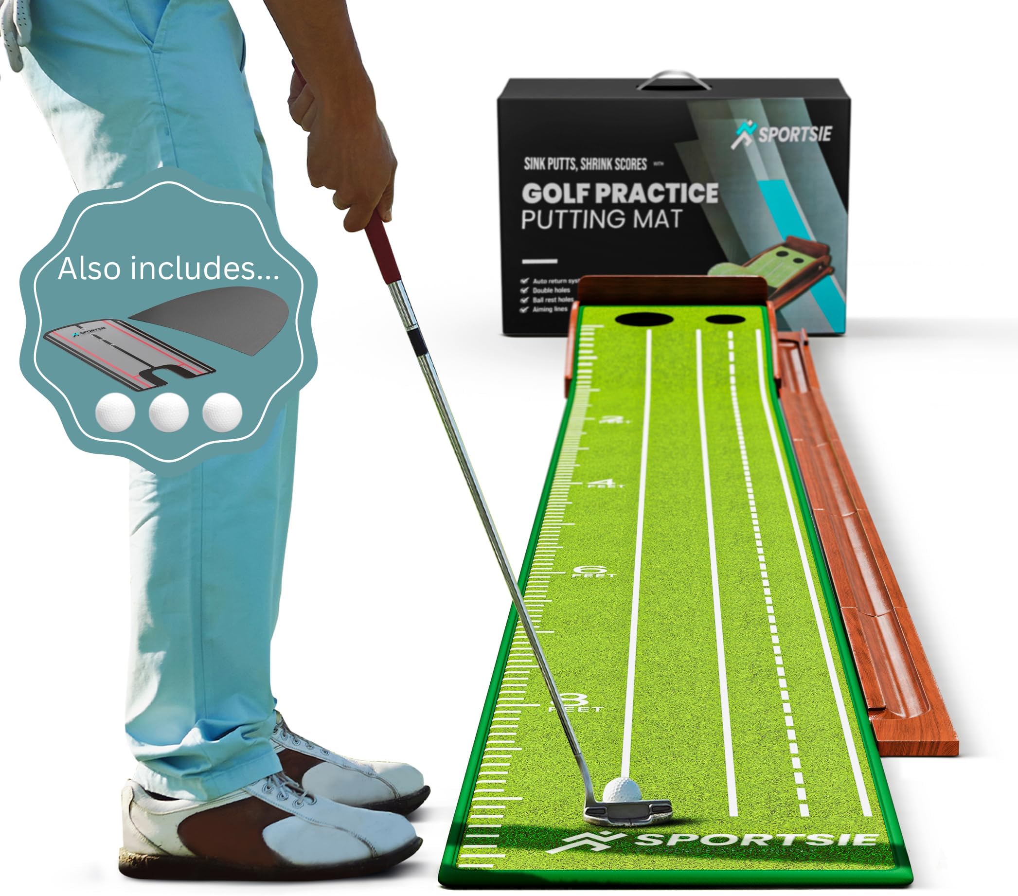 9.5FT Golf Putting Mat with Ball Return, Backyard Putting Green Kit with 3 Balls, 2 Holes, and Alignment Mirror, Nonslip Mat for Indoors and Outdoors