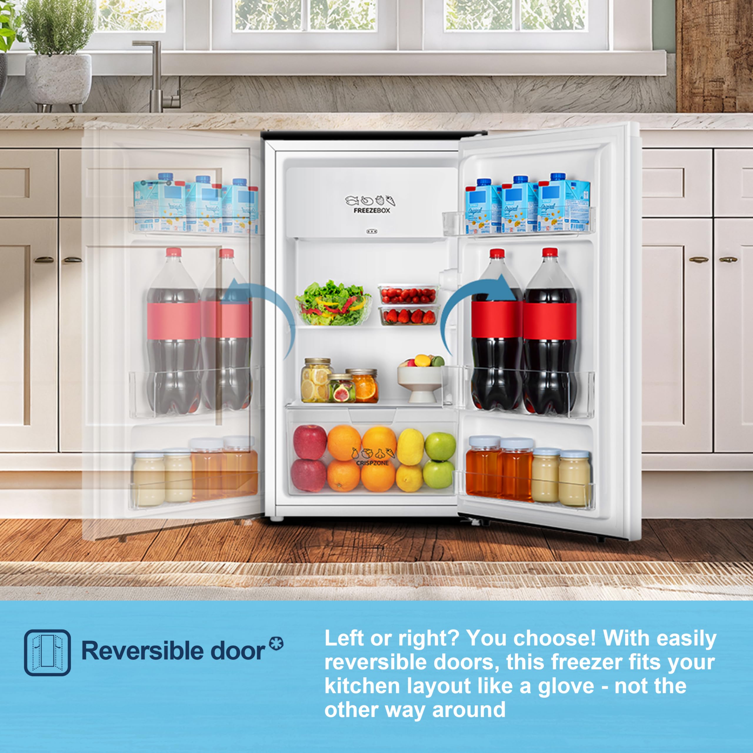 Fridgemaster MUR4894E 82L Under Counter Fridge with LED Lighting, Adjustable Temperature Control, Reversible Door and 3 star Ice Box, White, E rated — view 12