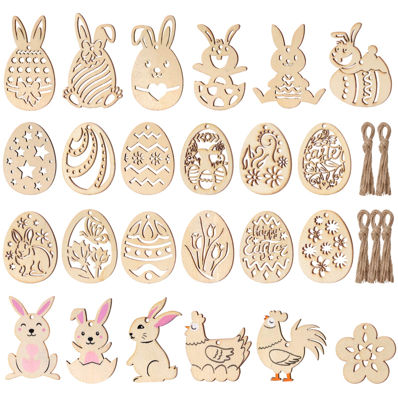 TOYANDONA 48 Pcs Wood Slice Ornaments Unfinished Wooden Egg Bunny Chicken Shape Crafts with Holes Tags Wooden Cutouts for Easter Party Supplies