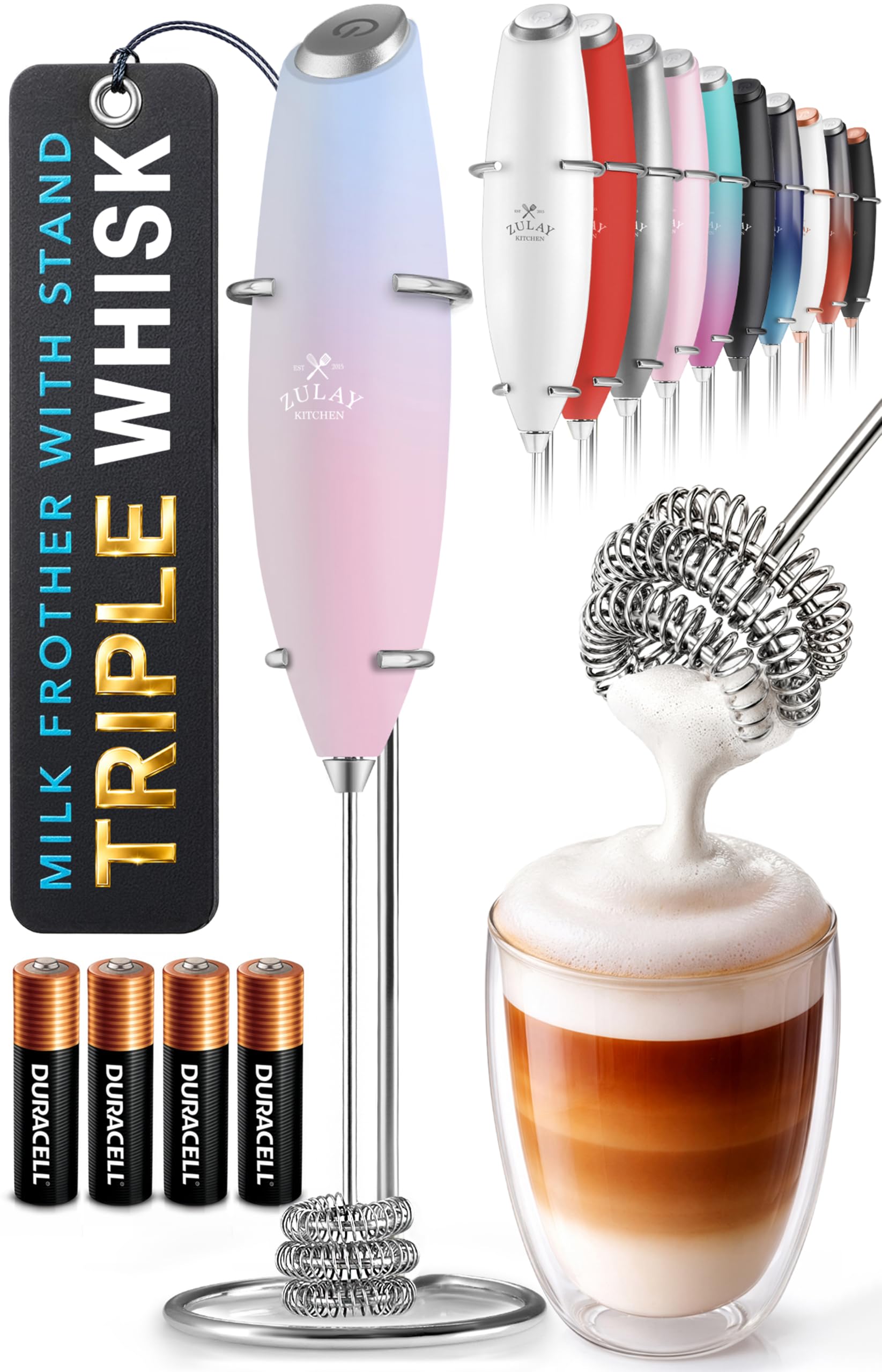 Zulay Kitchen Powerful Milk Frother Wand With Duracell Batteries - Ultra Fast Handheld Drink Mixer - Electric Whisk Foam Maker for Coffee, Lattes, Cappuccino &amp; Matcha - Triple Whisk - Orchid Bloom