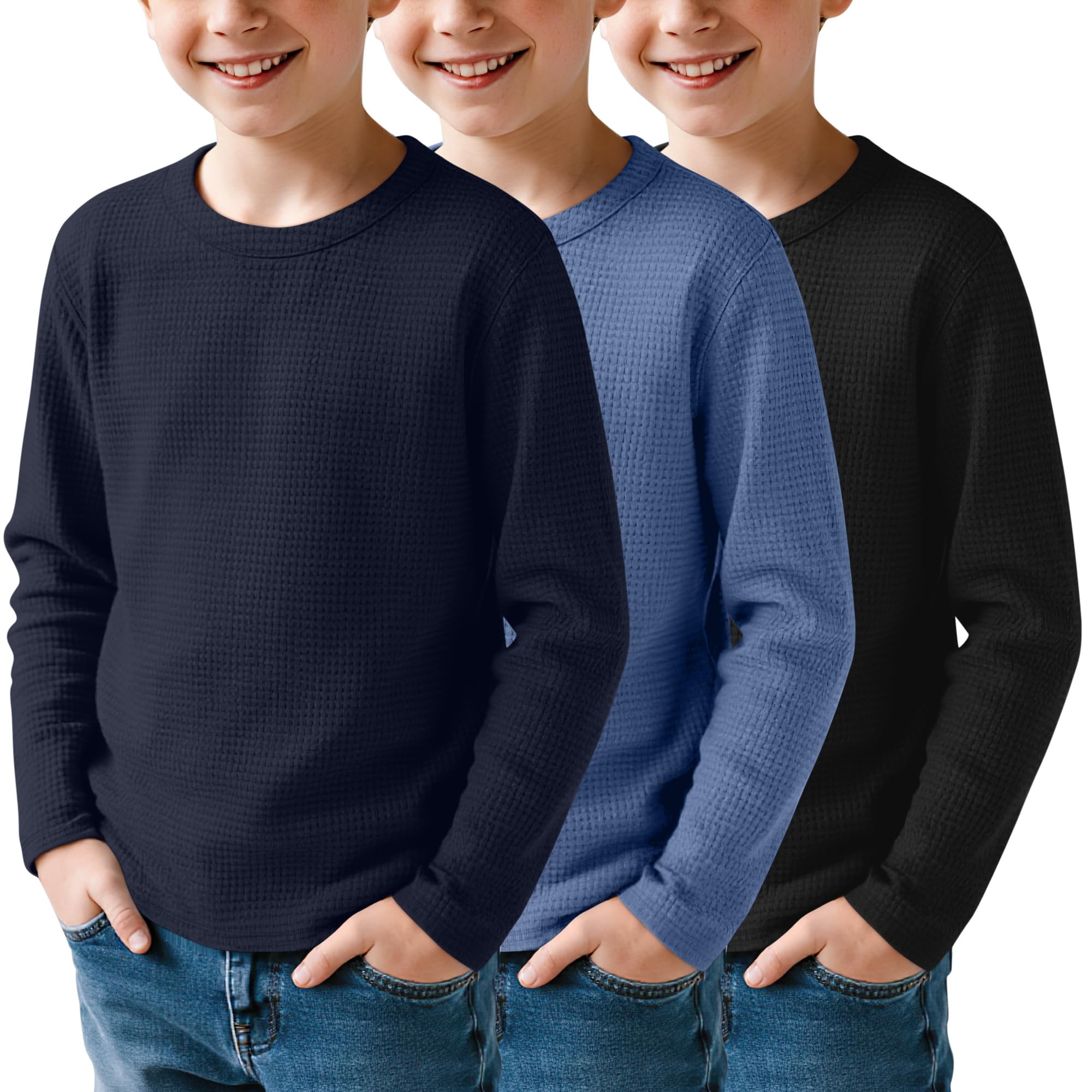 Clabby 3er-Pack Waffel-Langarm-T-Shirts für Jungen (5-14 Jahre), Kinder-Thermo-Tops, Jugend-Shirts, Basic-T-Shirts
