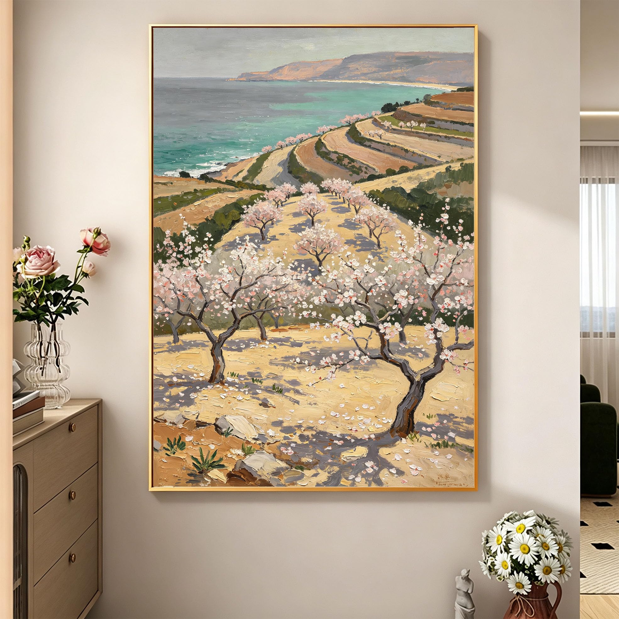 Wandbild Küstenlandschaft Ölgemälde 100% Handgemaltes Ölgemälde Pfirsichblütenwald Rahmenlose Leinwand Wandkunst Für Wohnzimmer Heimdekorationen 50X70Cm (20X28Inch)