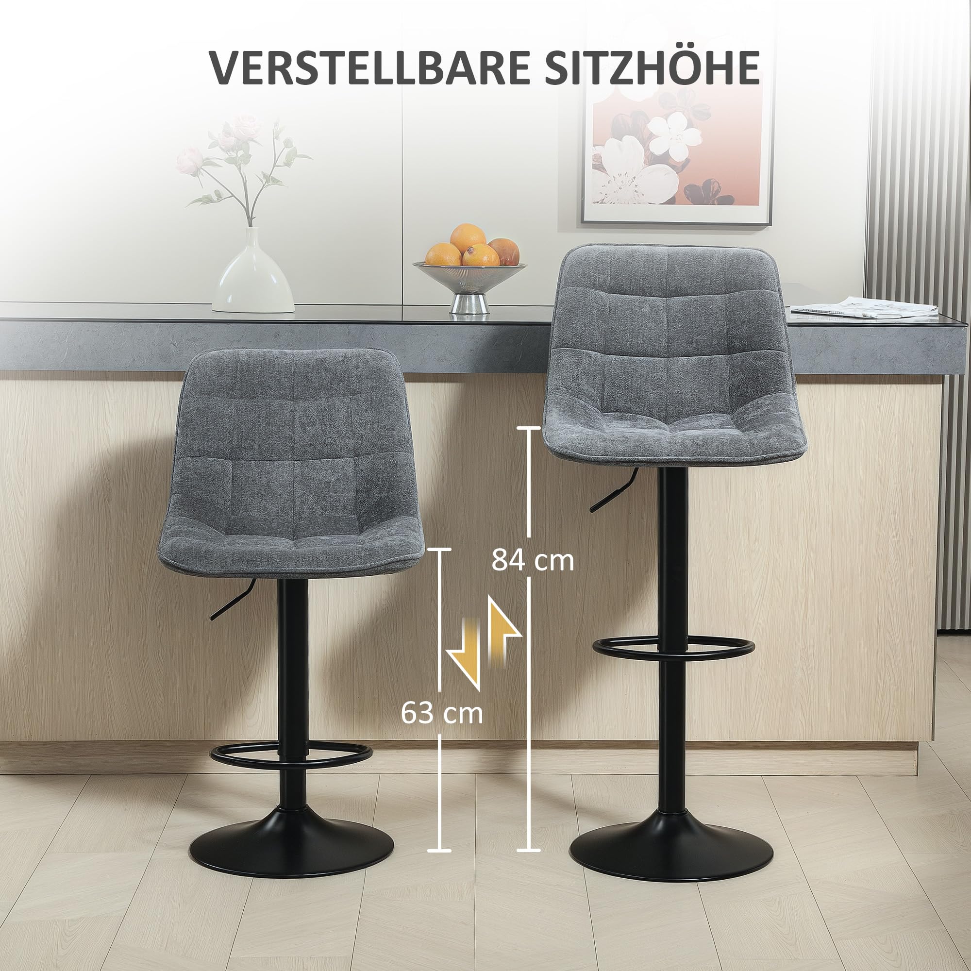 HOMCOM Barhocker 2er-Set, Gepolstert Barstuhl mit Lehne, Stahlgestell, Chenille-Optik, Höhenverstellbare Küchenstühle mit Fußstütze 360° Drehbar Tresenhocker für Küche, Wohnzimmer Dunkelgrau