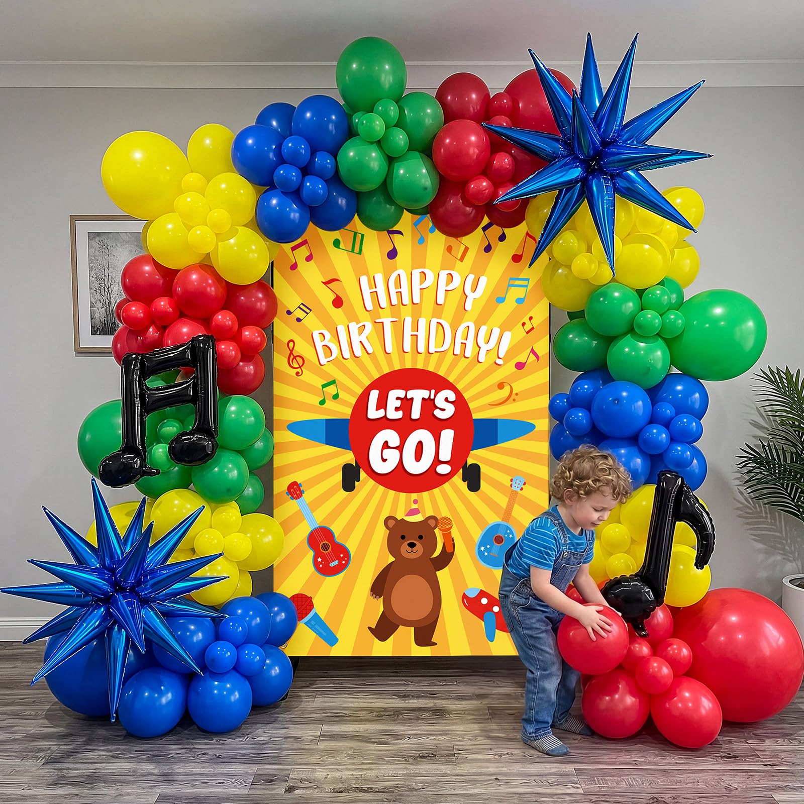 Thenshop Juego de 111 guirnaldas de arco de globos rojo, amarillo, azul, verde con notas musicales, globos de aluminio de estrella para niños y niñas, decoración de fiesta de cumpleaños temática