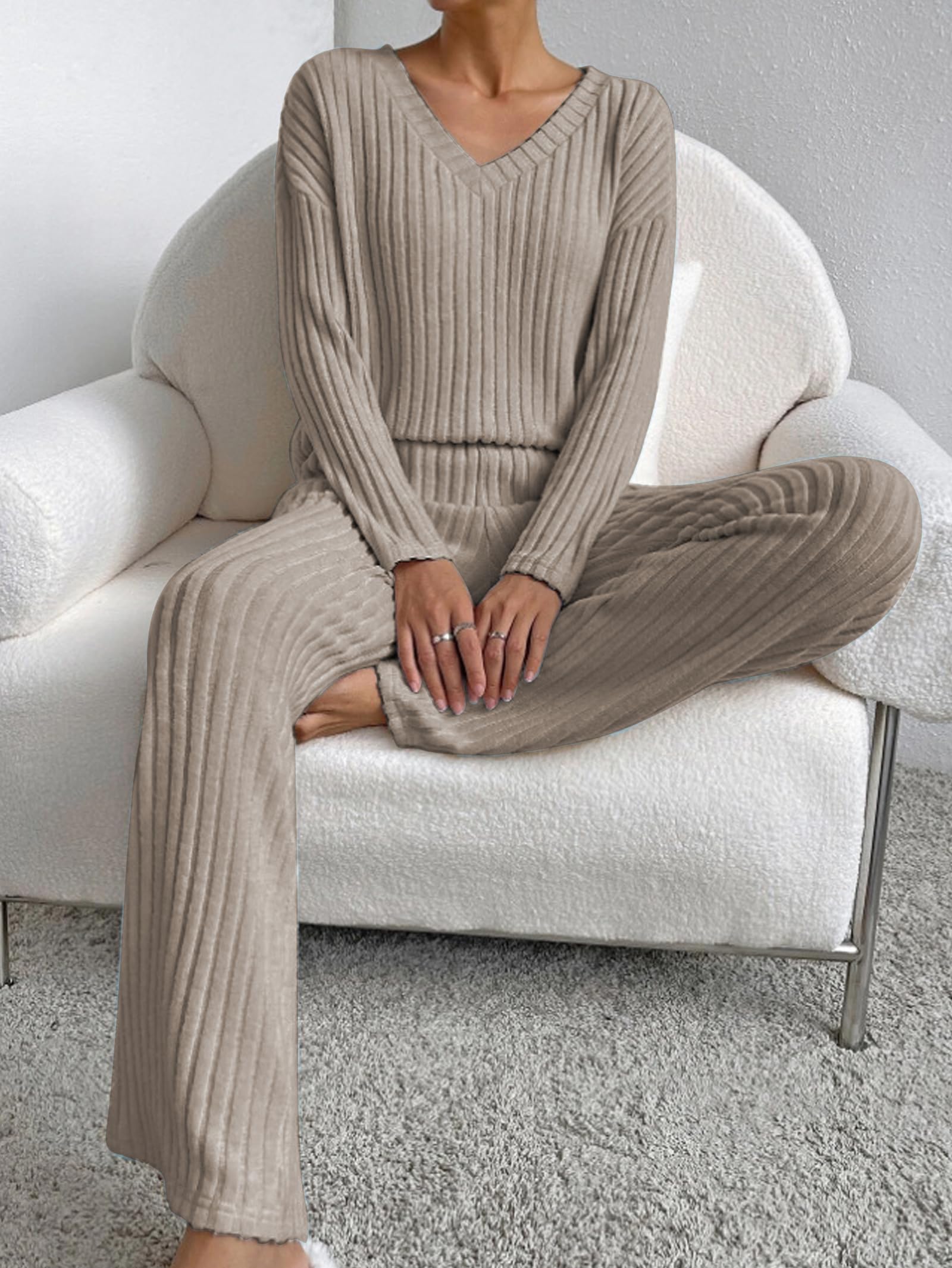 Famulily Ensemble de pyjama 2 pièces côtelé pour femme - Tenue de détente - Vêtements d'intérieur - Col en V - Manches longues - Pantalon large avec poches