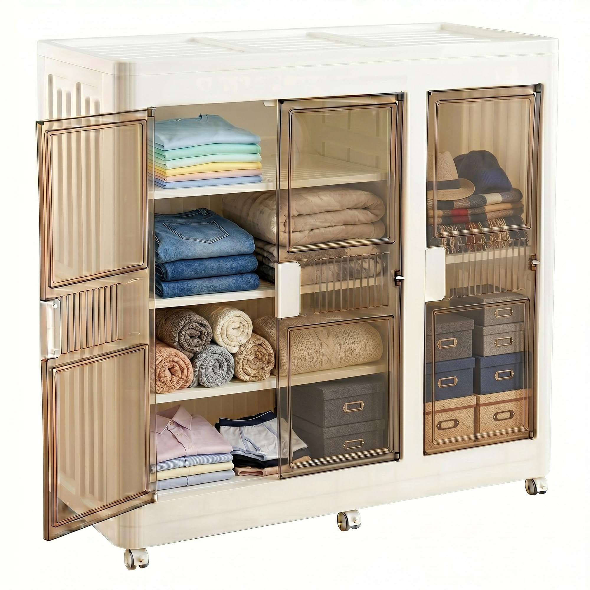 Well Home Cajas de almacenaje apilables con puerta frontal, Organizador modular plegable con ruedas, Modularidad, Multiespacios, Armario plegable con 2 Compartimentos, + 3 Baldas/estantes interiores
