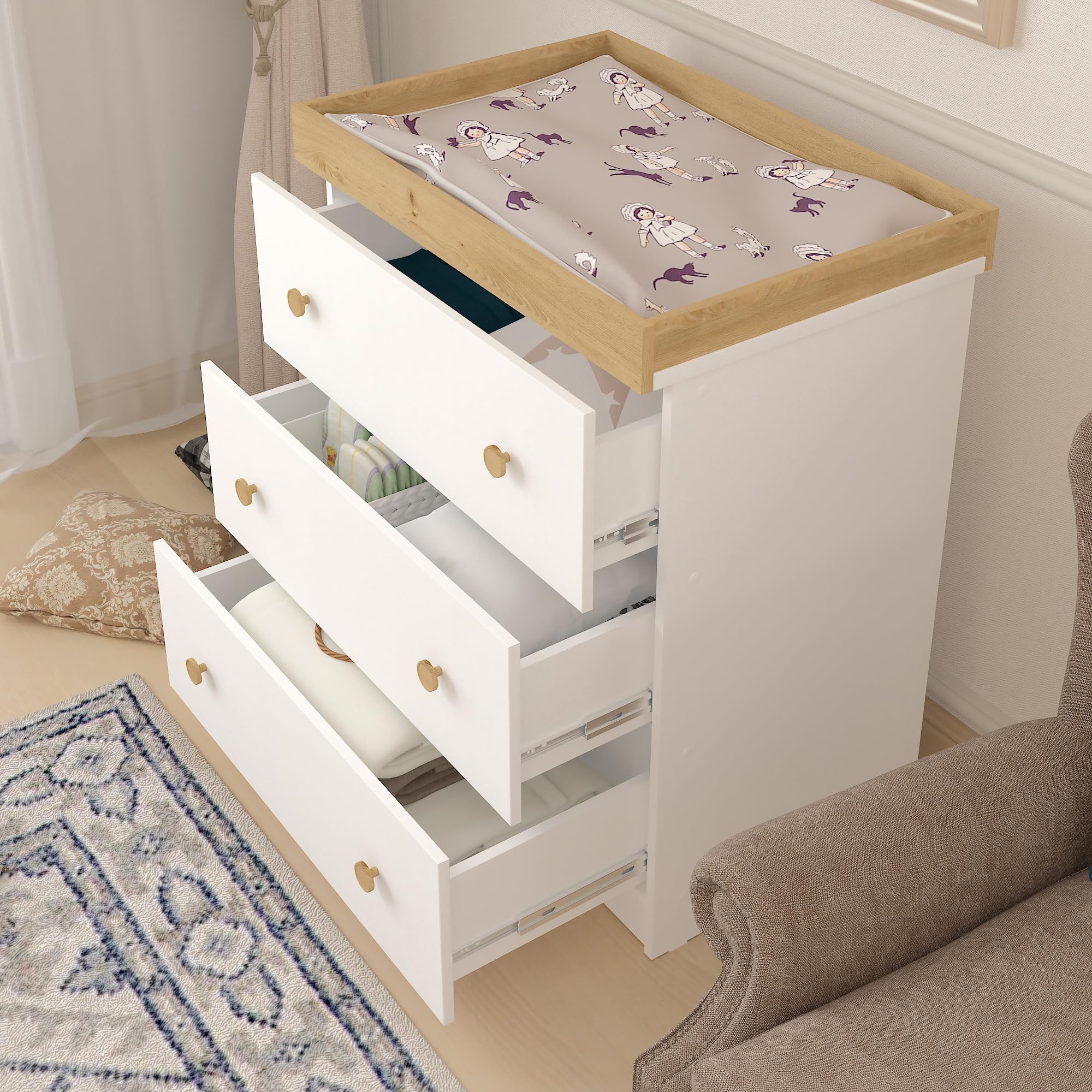 Tortora - Fasciatoio in legno laminato con superficie per il cambio del pannolino e 3 cassetti spaziosi. Disponibile in 3 diversi colori. Dimensioni LAP 80x89,5x53,2cm