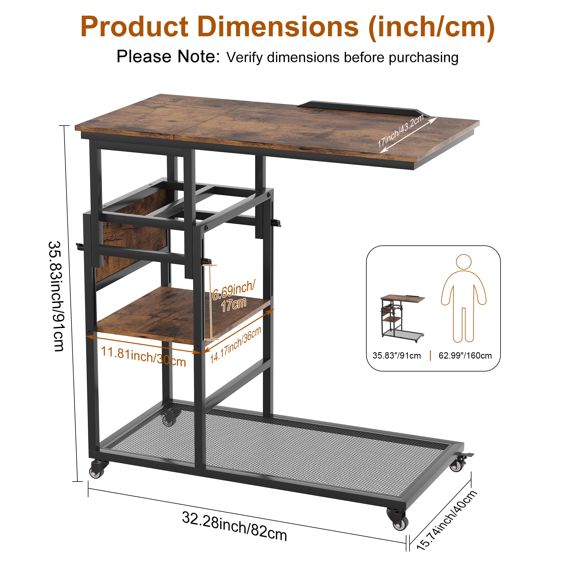 TQVAI Mesita Auxiliar en Forma de C, mesita de Altura Regulable con estantes de Almacenamiento sobre Ruedas y Tablero de Madera inclinable para salón, Dormitorio y sofá, Negro/Antiguo