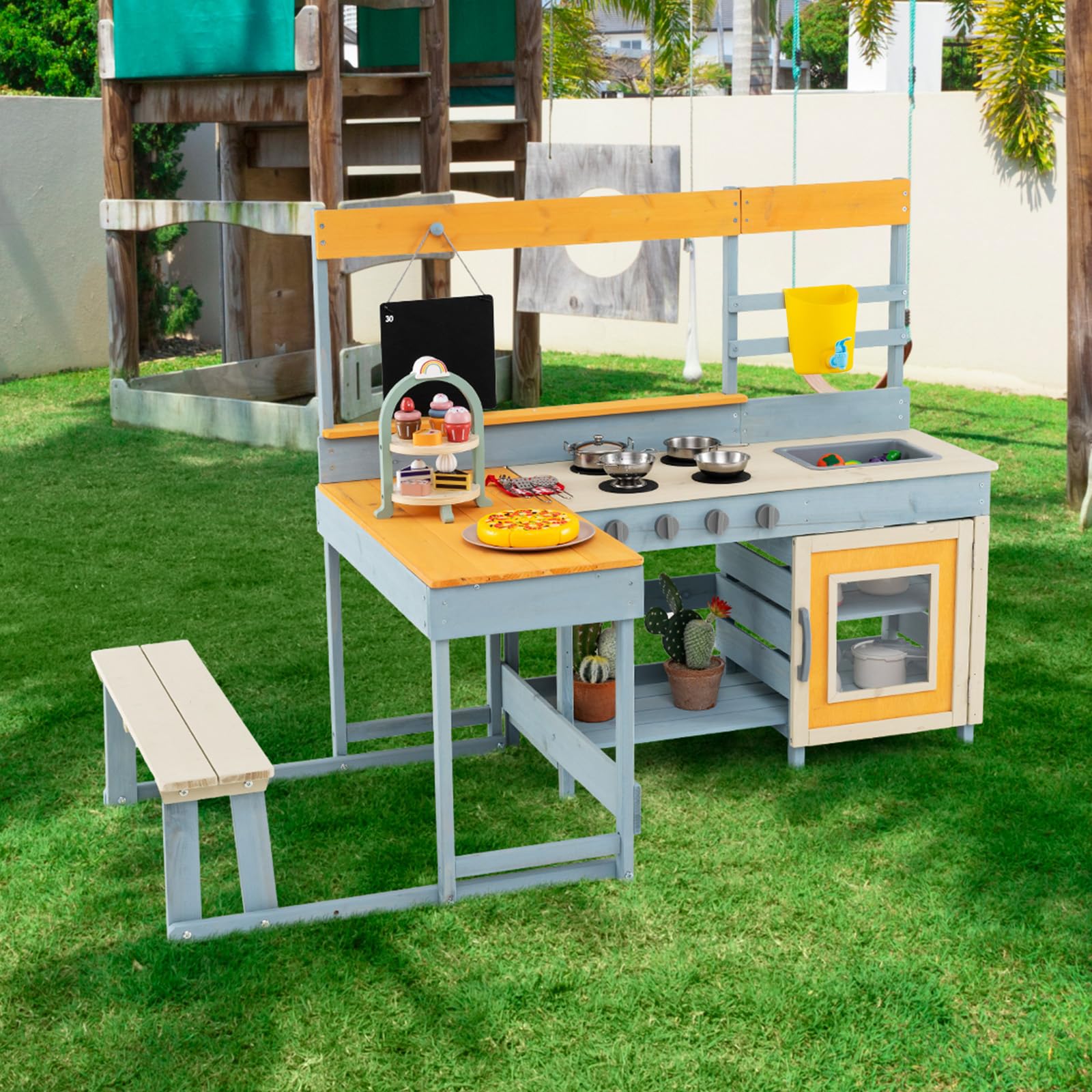FANTASK Matschküche Kinder aus Holz, Outdoor Spielküche mit Picknicktisch & Bank, Kinderküche mit Wasserhahn, Spüle, Tafel & Zubehör, für Kinder ab 3 Jahren