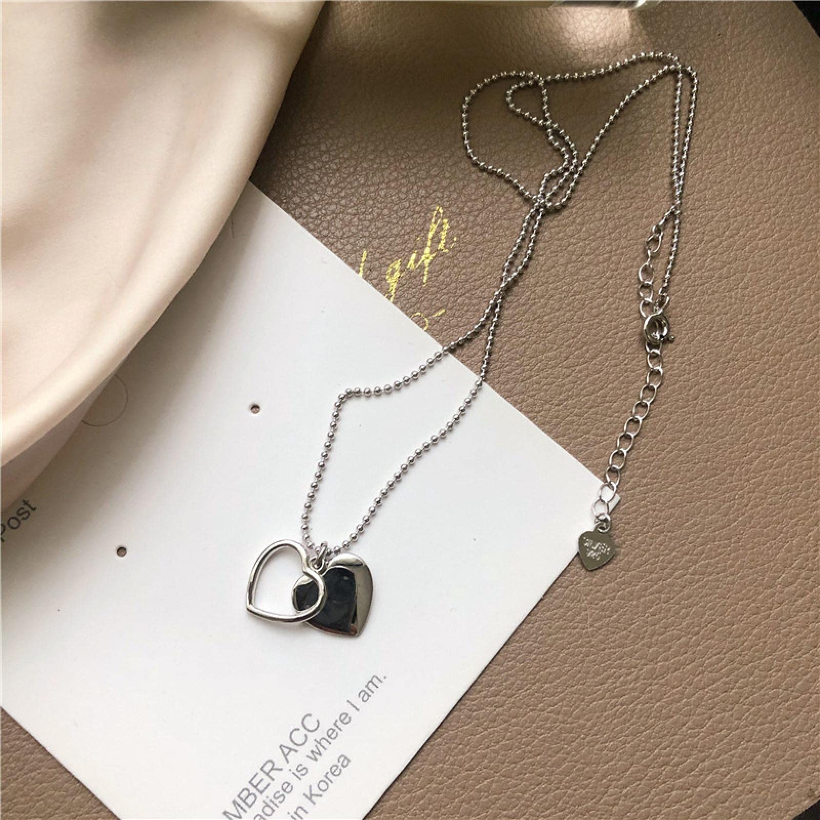 Collana Donna S925 Argento Con Croce E Doppio Cuore, Catena Clavicola Coreana, Gioiello Delicato Per Ragazze - 4