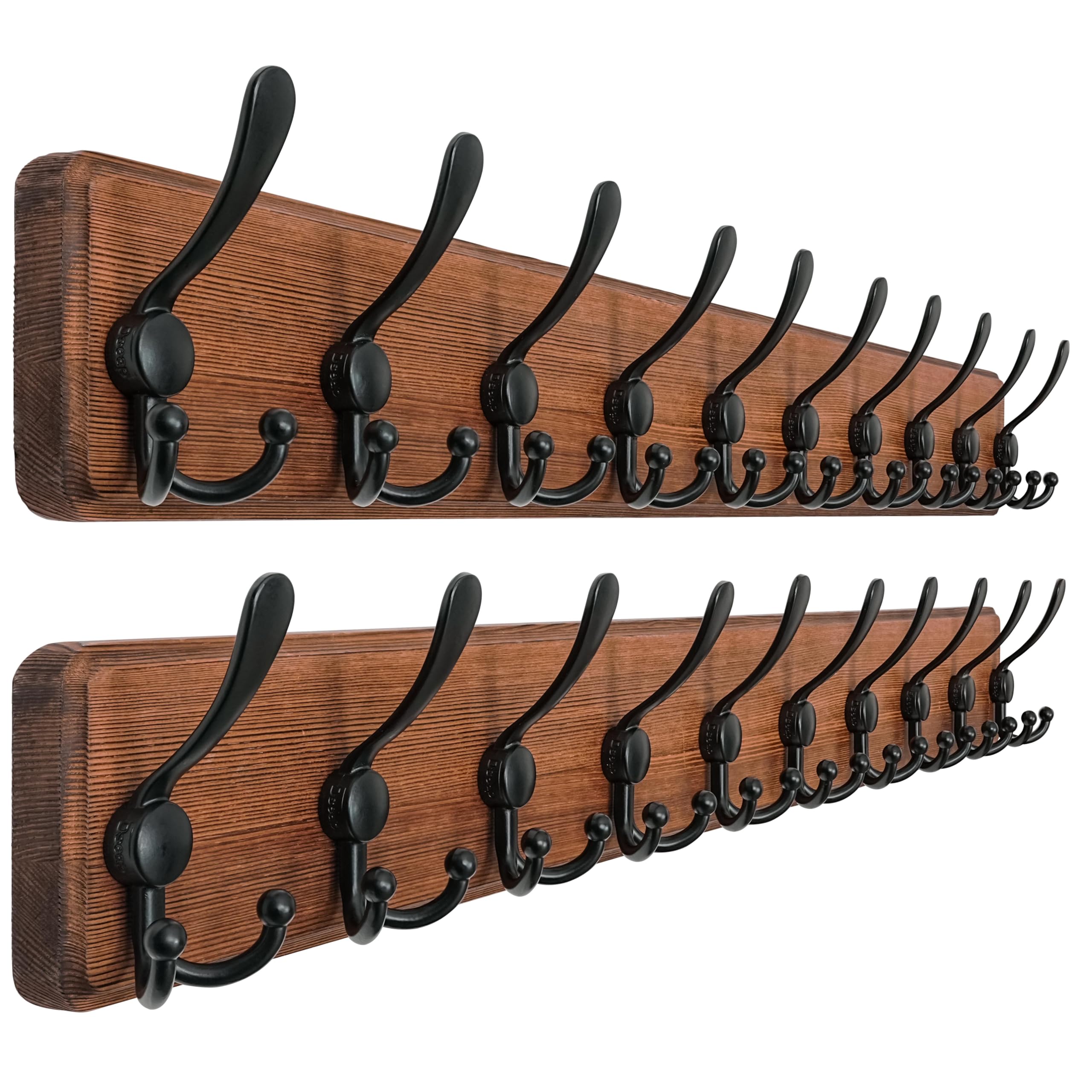 Dseap Natural & Black Coat Rack Wall - Heavy-Duty 97Cm Long, With Reinforced 10 Custom Tri-Hooks, Solid Wood Wall Hanger For Coats Hat Jackets - Rustic Farmhouse Entryway Storage, Pack Of 2