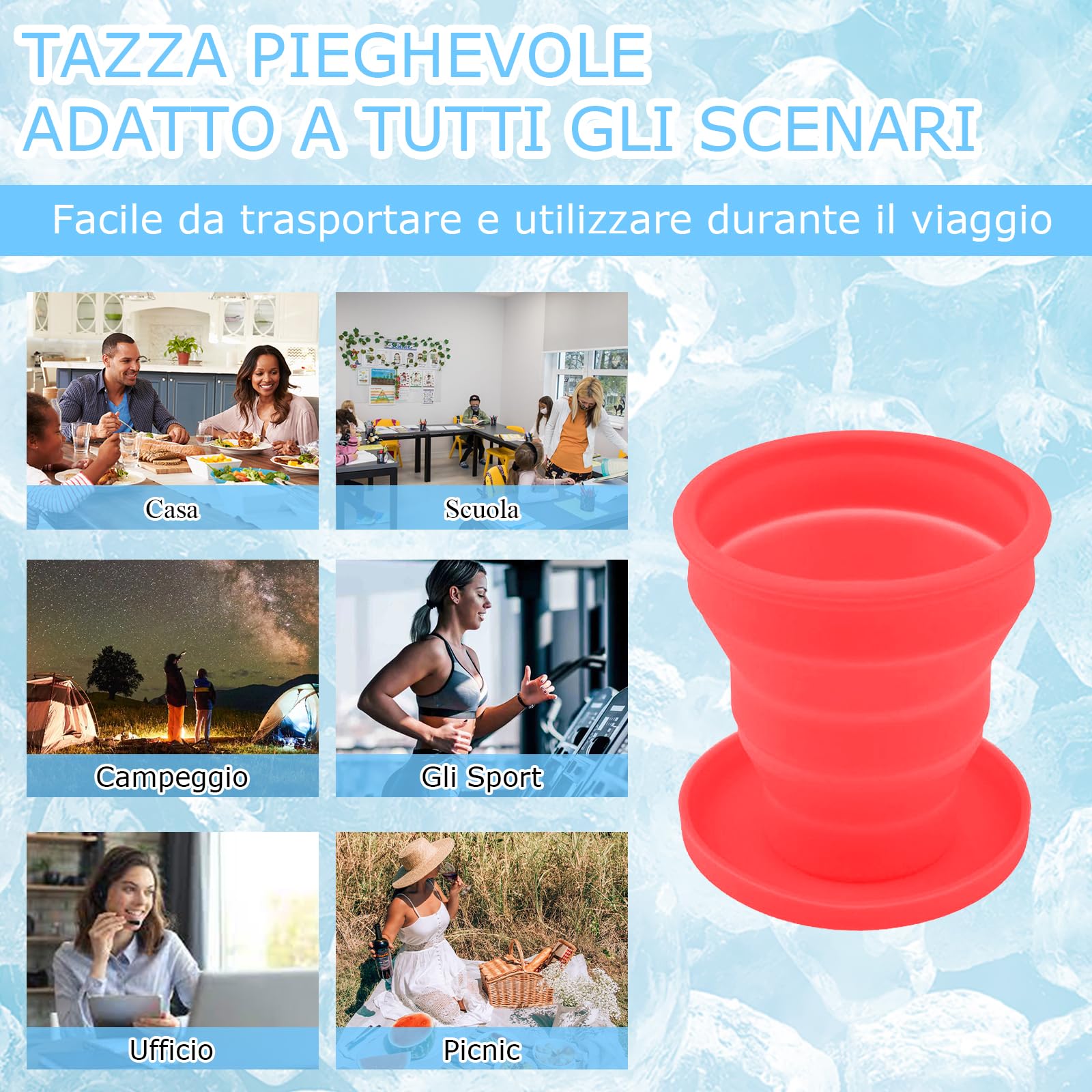 4 Bicchieri Pieghevoli Da Viaggio In Silicone 250ml - Portatili Con Coperchio, Per Campeggio E Picnic - Foto 6