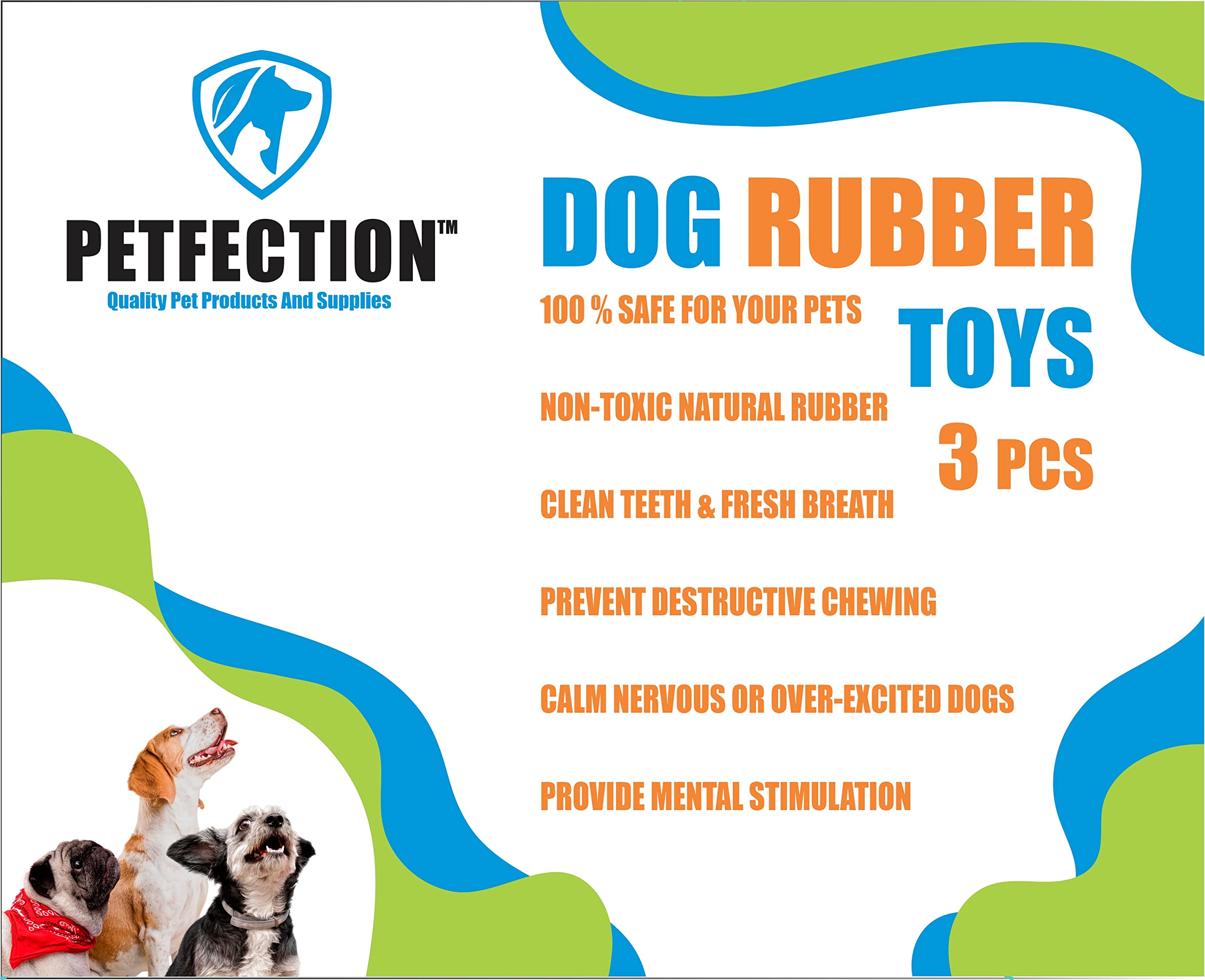 PETFECTION Kauspielzeug für Hunde, 3 Stück, Hundespielzeug für aggressive Kauer, große Rassen, multifunktionale Zahnreinigung und Zahnfleischmassage, Robustes Hundespielzeug aus 100% Naturkautschuk