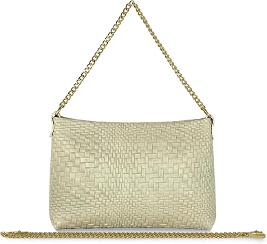 Italian Genuine Woven Suede Crossbody Bag for Women with Gold Chains | Small Shoulder Handbag Purse Evening Clutch Beige