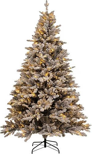 Árbol de Navidad flocado preiluminado de 7 pies con luces blancas cálidas, árbol de Navidad lleno de nieve con 1326 puntas de rama, 400 luces